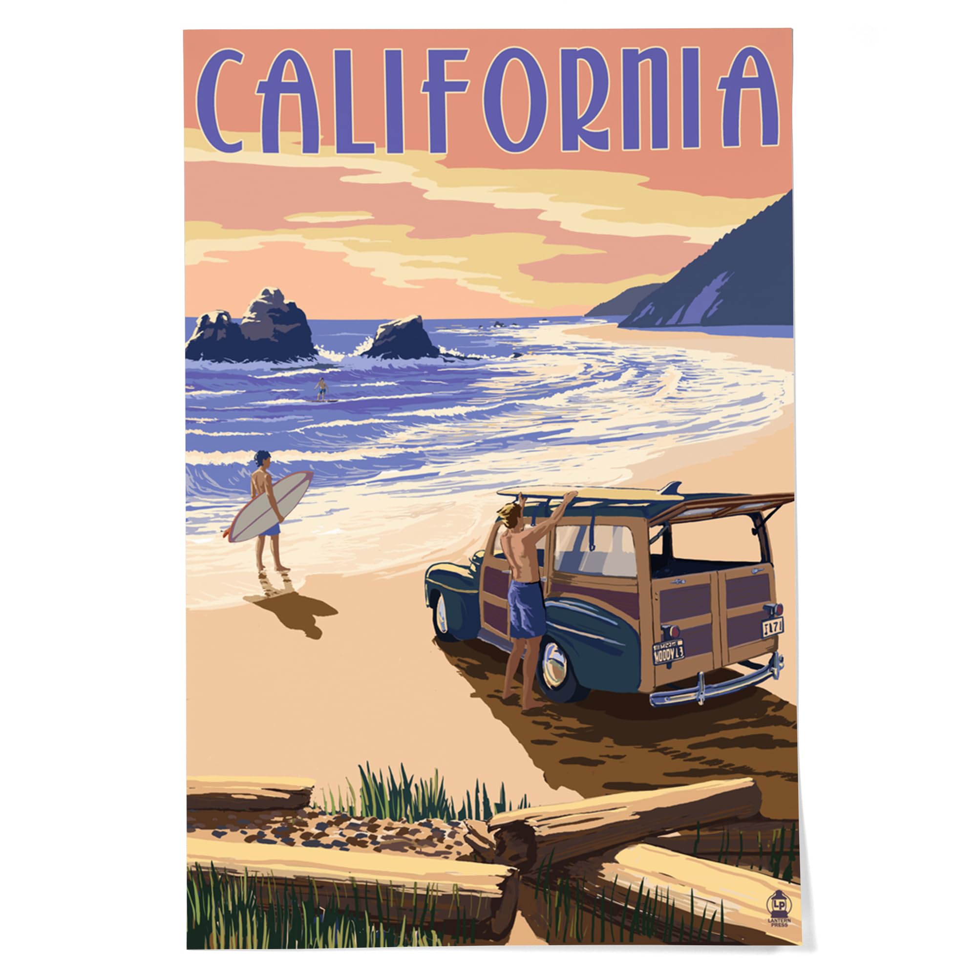 Lantern Press 24x36 Inch Giclee Art Print - California Beach Wall Decor with Woody - Premium Canvas Wall Art for Living Room, Bedroom & Office