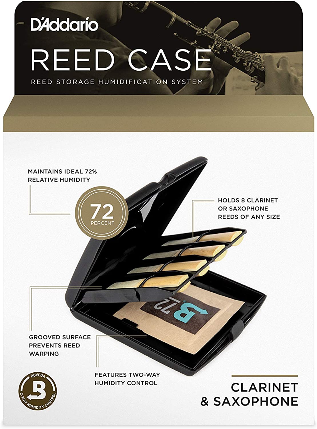 D'Addario Multi-Instrument Reed Storage Case with Humidity Control Pack - Perfect for Saxophone, Clarinet & Woodwind Accessories - Ideal for Musicians & Music Students