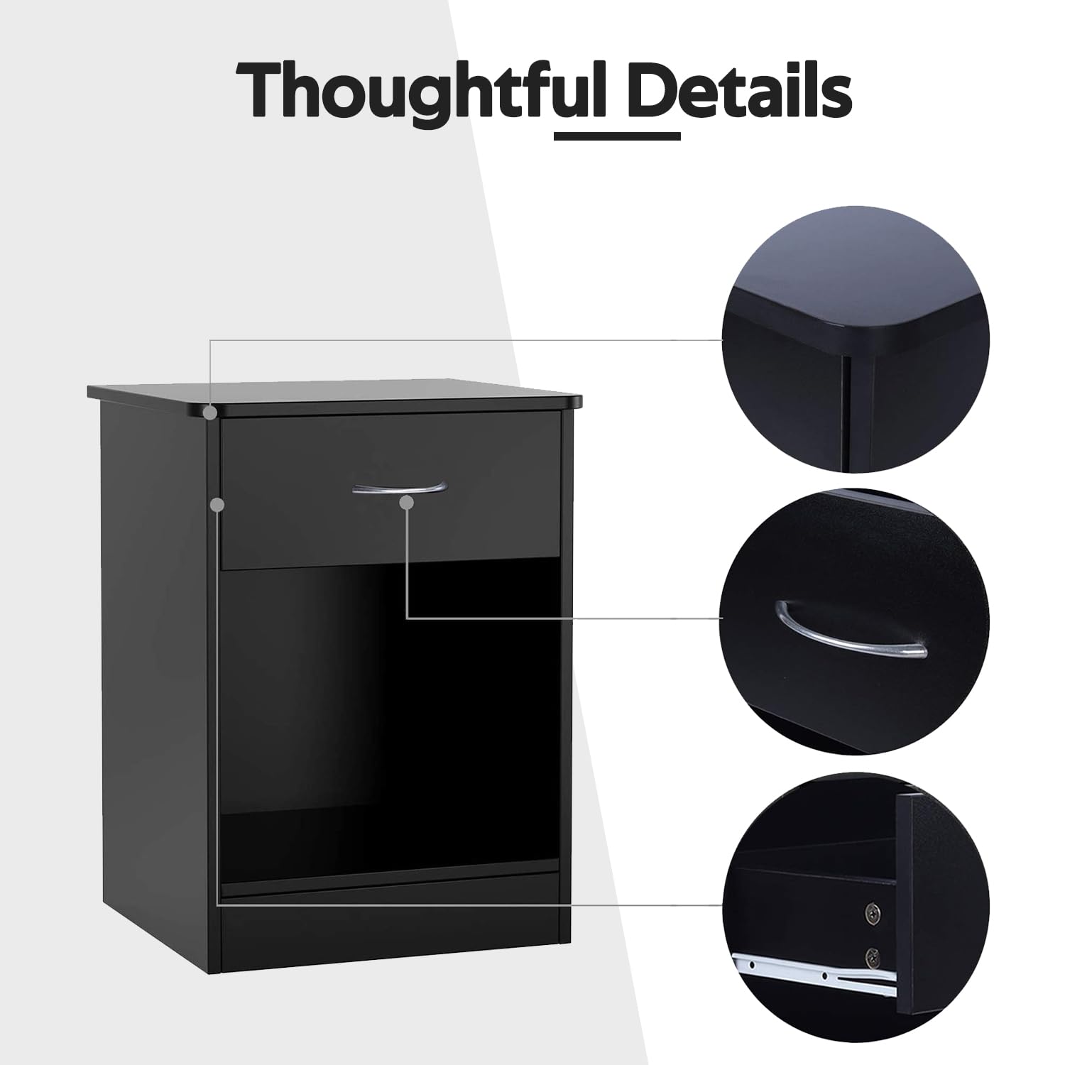 1-Drawer Nightstand with Open Shelf - Black Bedside Table for Bedroom, Dorm, Living Room | Compact Storage End Table with Drawer for Books, Lamps & Bedroom Essentials