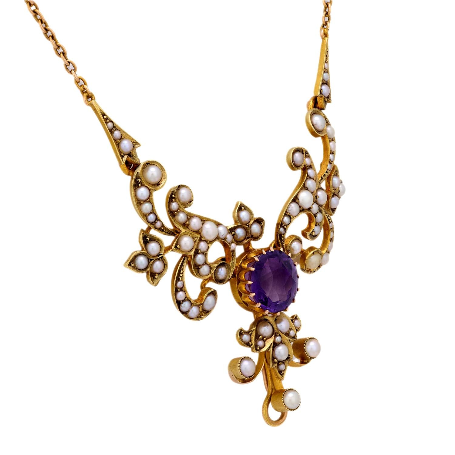 1.95 Carat Victorian Amethyst Pearl 14K Yellow Gold Necklace for Women - Elegant Jewelry Gift for Brides, Anniversaries & Special Occasions