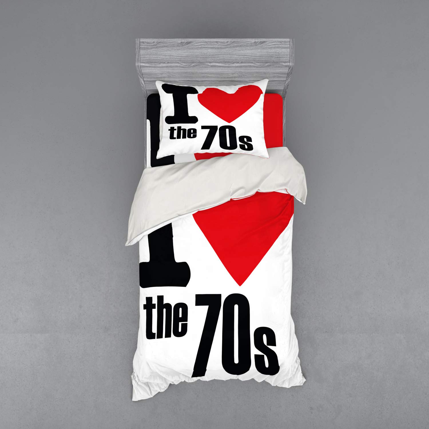Ambesonne 70s Party Duvet Cover Set - Retro Heart Art Print with Sham & Fitted Sheet, Twin Size in Red Black White | Vintage 70s Themed Bedding for Teen Rooms, Dorm Decor & Retro Themed Parties