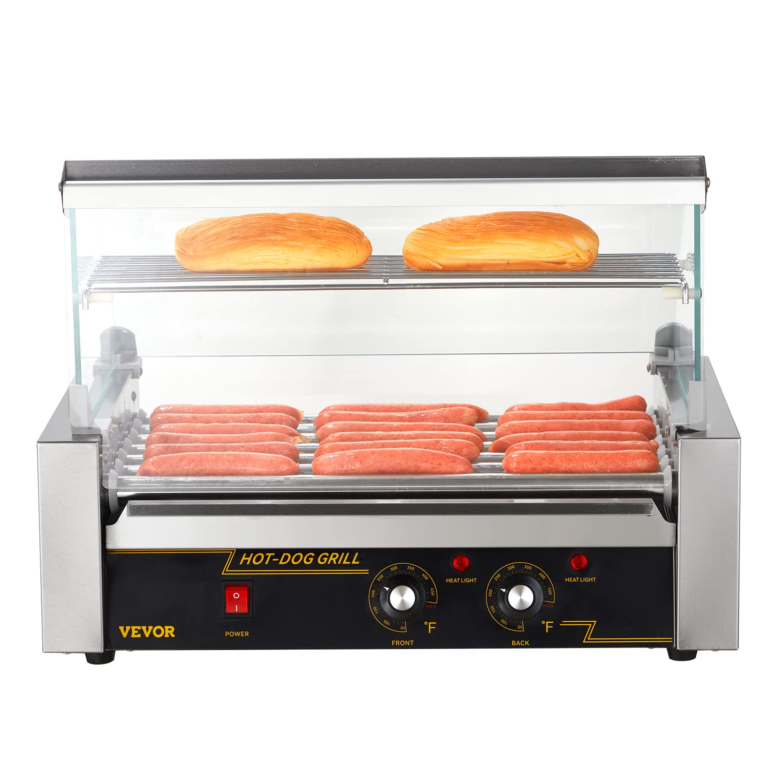 VEVOR Commercial Hot Dog Roller Machine - 7 Stainless Steel Rollers, 18 Hot Dogs Capacity, 1050W, Dual Temperature Control, Glass Hood & Acrylic Cover, Bun Warmer Shelf, Removable Oil Drip Tray - ETL Certified for Restaurants, Food Trucks & Concession Stands