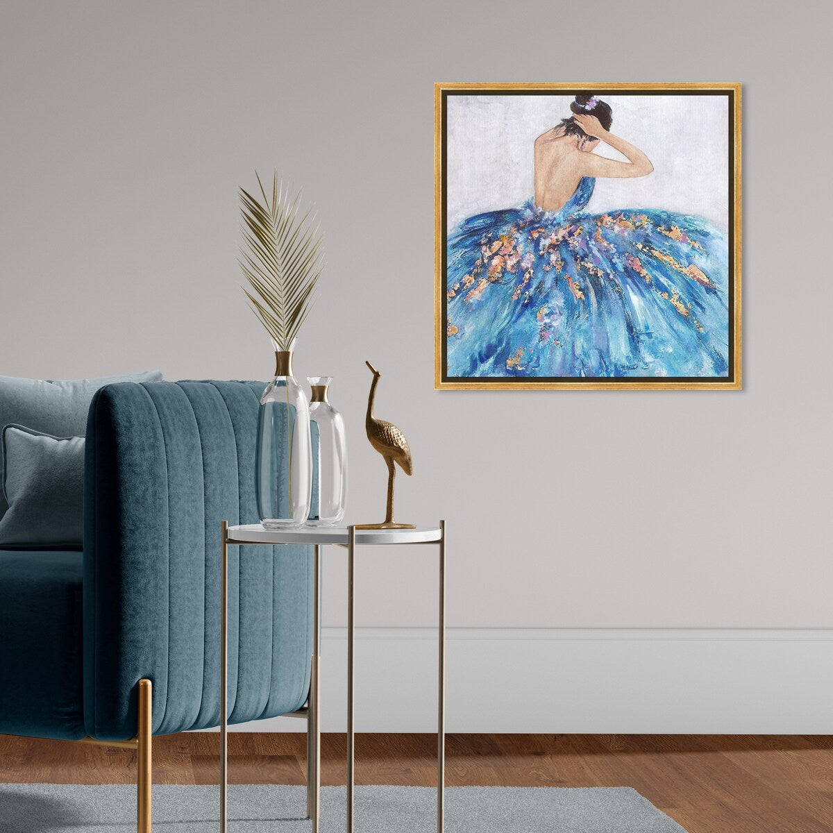 Elegant Blue Princess Dress Glam Canvas Wall Art Print - Festive & Stylish Home Decor for Bedroom, Living Room, or Nursery