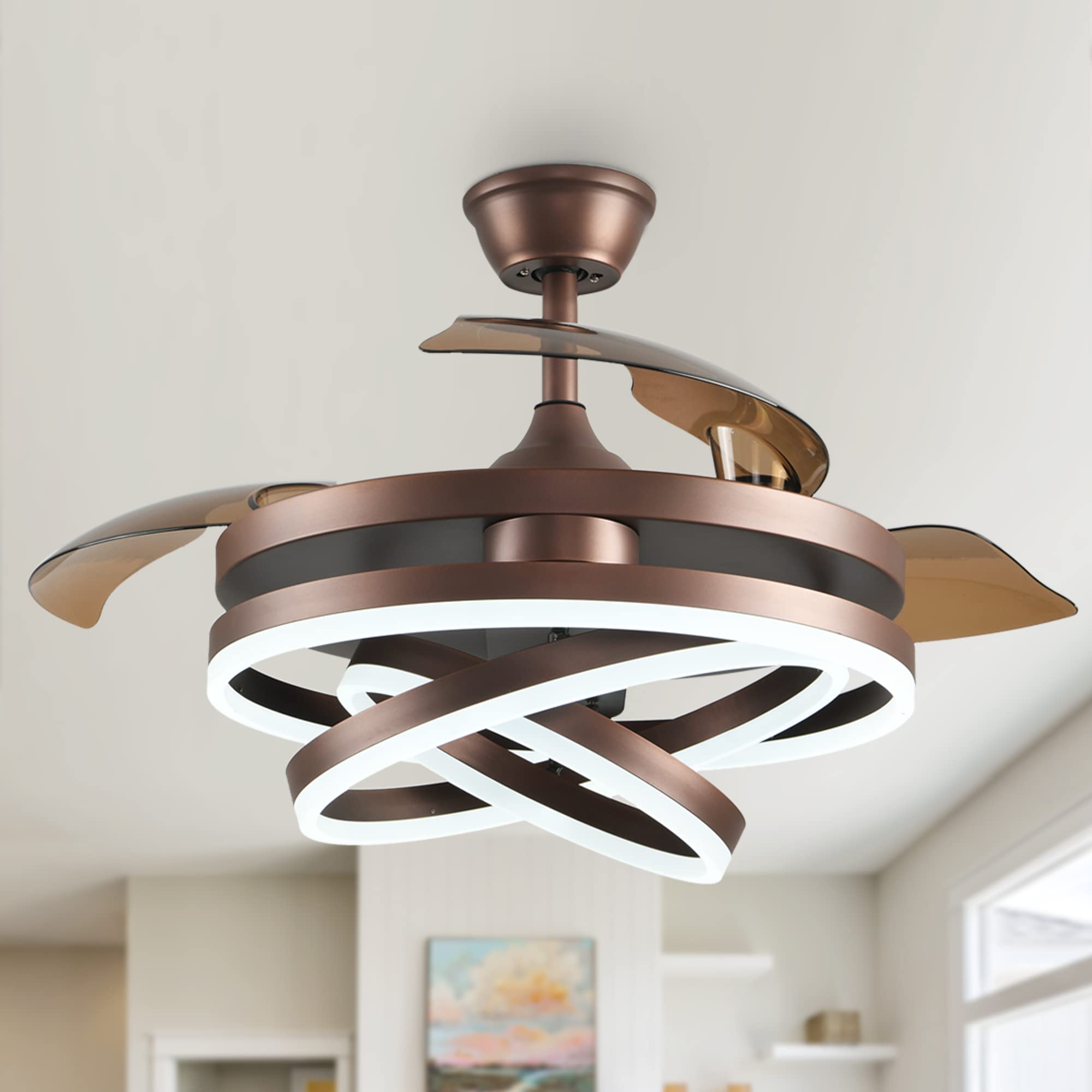 42 Inch Retractable Ceiling Fan with Remote Control - Modern DC Motor Silent Ceiling Fan with Adjustable LED Color Lighting, 6 Speed Settings & Retractable Blades (Brown) - Perfect for Living Room, Bedroom and Office Spaces