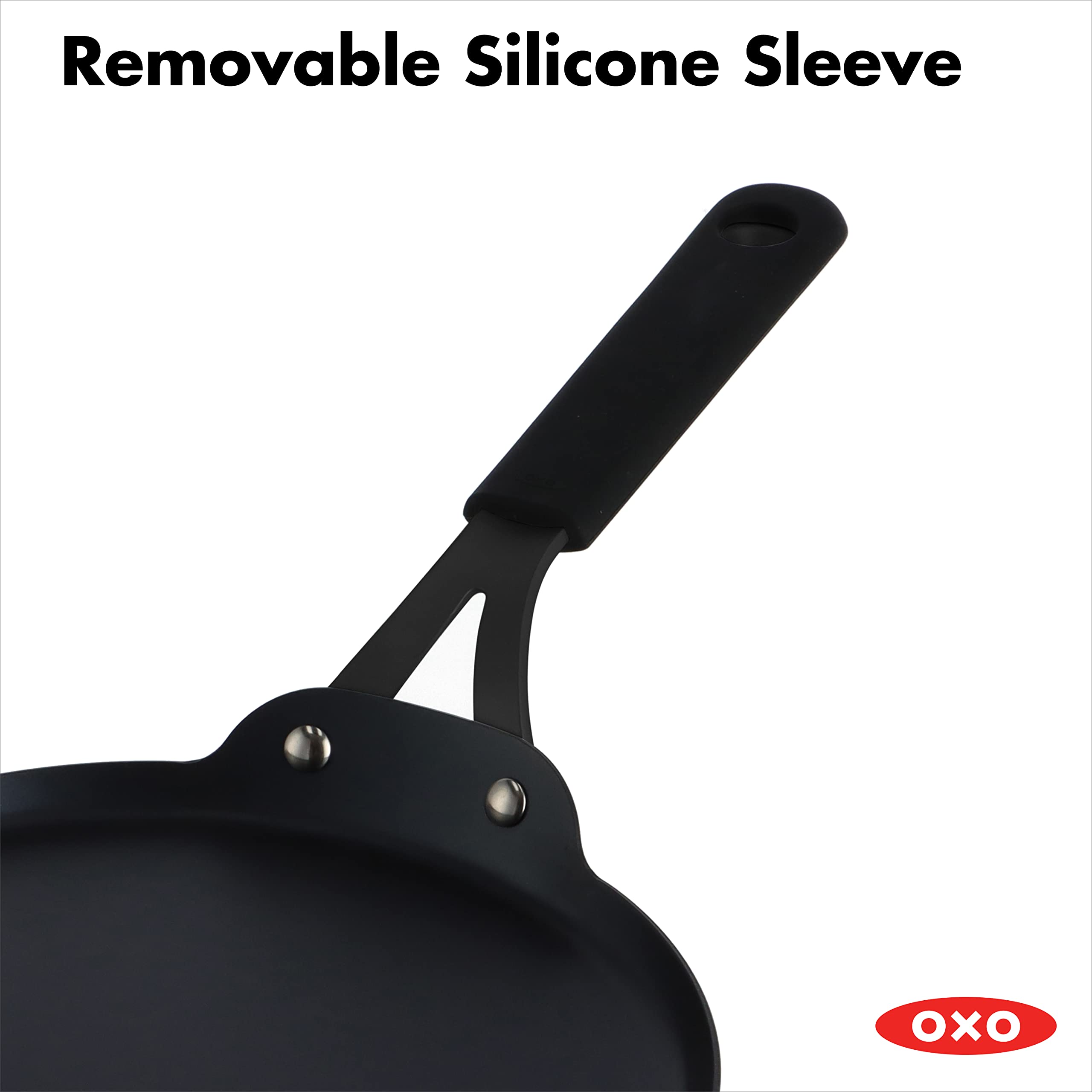 OXO Obsidian Pre-Seasoned 10-Inch Carbon Steel Crepe & Pancake Griddle Pan - Induction & Oven Safe with Removable Silicone Handle Holder - Perfect for Breakfast, Brunch & Camping Cooking - Black