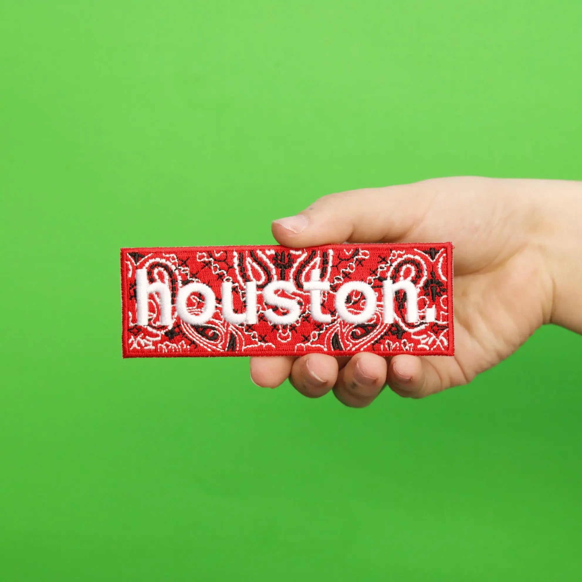 Houston Box Logo Embroidered Iron On Patch - Bandana Print - Exclusive DIY Sewing Applique for Jackets, Hats & Bags - Perfect for Customizing Denim, Backpacks & DIY Crafts
