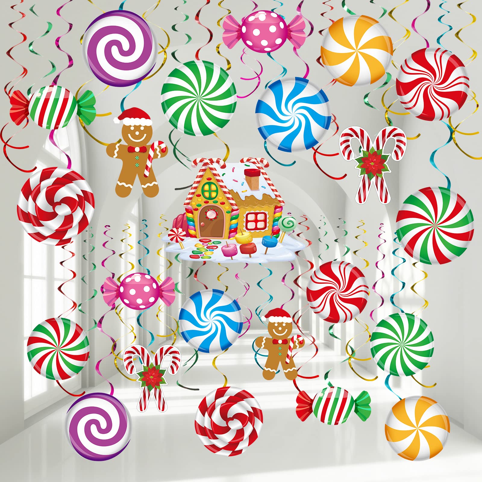 53 Pcs Christmas Hanging Swirl Decorations Set - Gingerbread Man, Candy & Red Cardinal Ornaments for Xmas Tree, Ceiling & Holiday Party Decor | Perfect for Home, Office & Festive Gatherings
