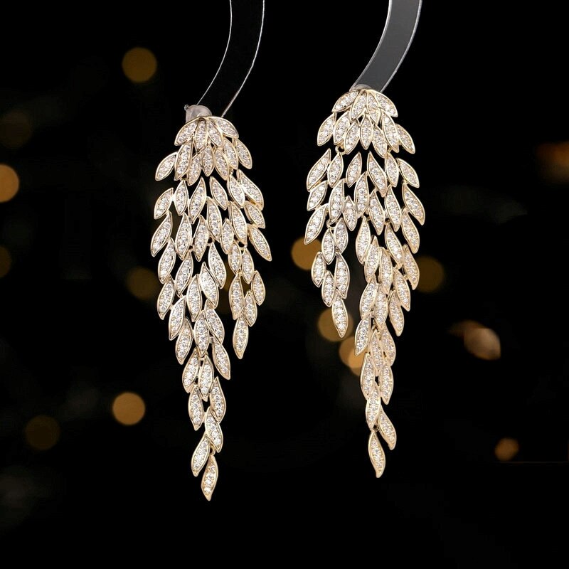 Trendy Cubic Zirconia Multi-Layered Tassel Tree Leaves Earrings for Women | Wedding Jewelry Party Dress Accessories | Perfect for Bridal, Prom & Evening Events LYJ070