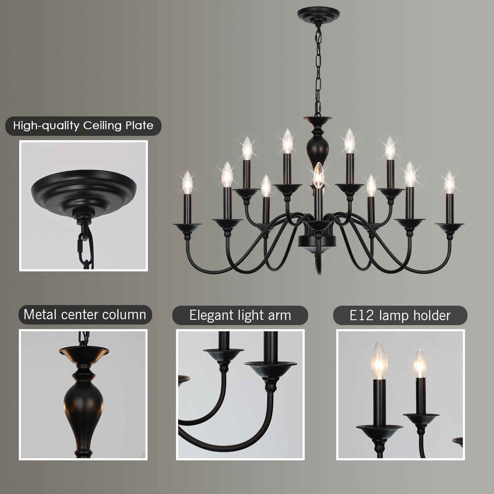 12-Light Black Farmhouse Chandelier - Industrial Candle Hanging Light Fixture for Dining Room, Kitchen Island, Living Room, Foyer & Staircase | Rustic Ceiling Lighting for Farmhouse Decor & Modern Homes