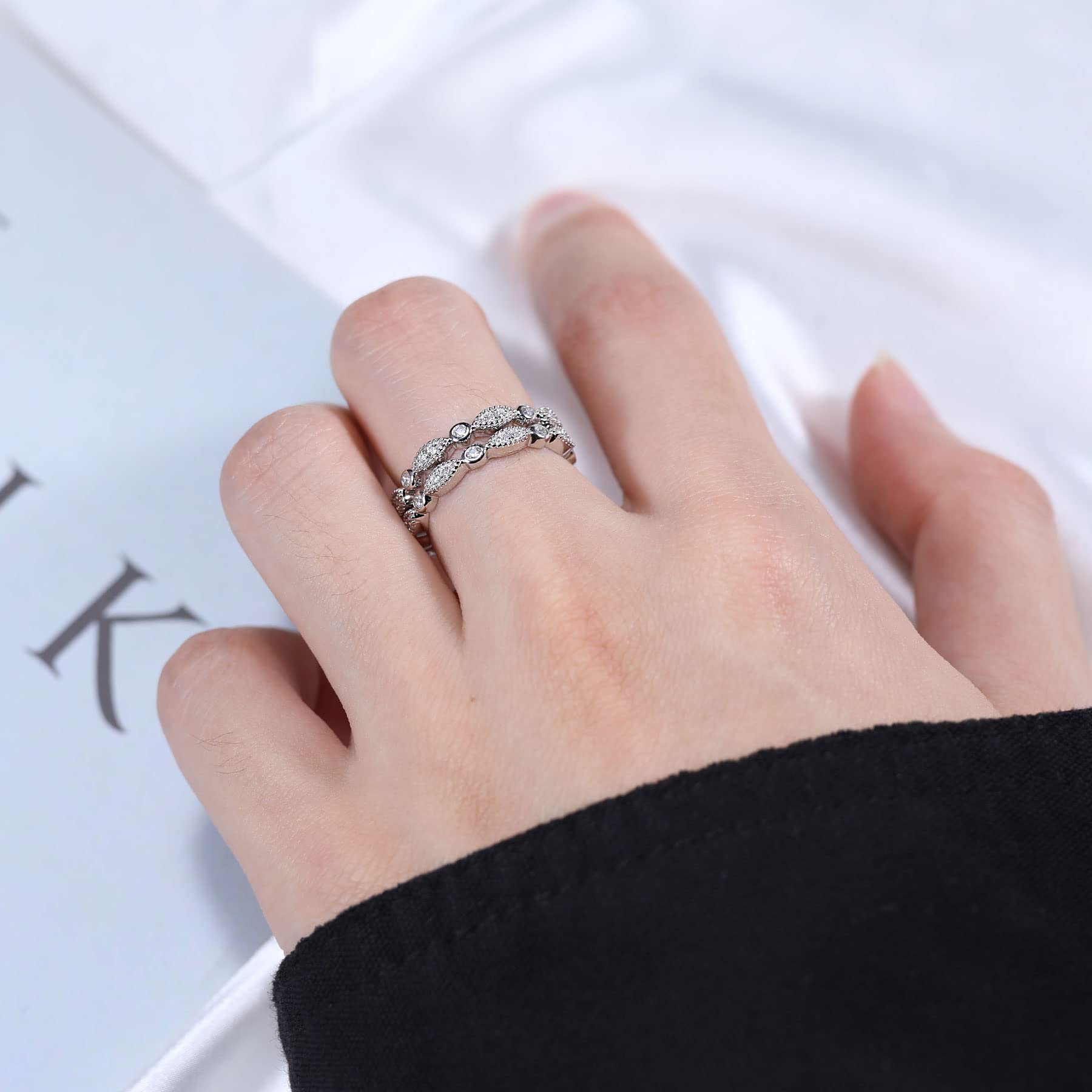 Lab-Created Moissanite Wedding Band - 925 Sterling Silver Half Eternity Ring with Milgrain Detailing | D Color VVS1 Marquise Cut Stackable Rings for Women | Perfect for Bridal Sets, Anniversary Gifts & Everyday Elegance