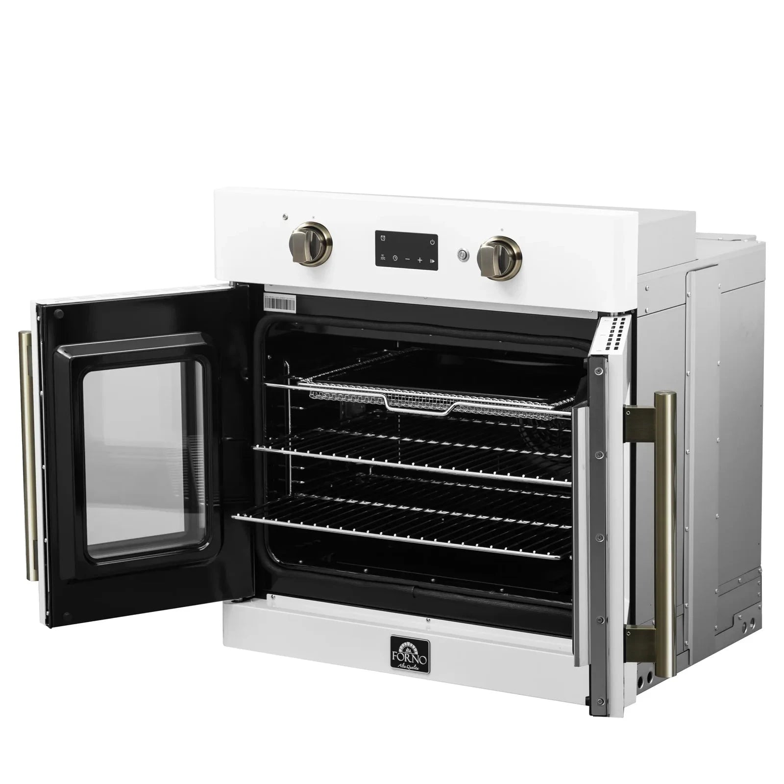 Forno Asti 30-Inch French Door Electric Wall Oven - White with Antique Brass Trim, Built-in Convection Oven, Self-Cleaning, FBOEL1333 30WHT - Perfect for Modern Kitchens & Home Baking