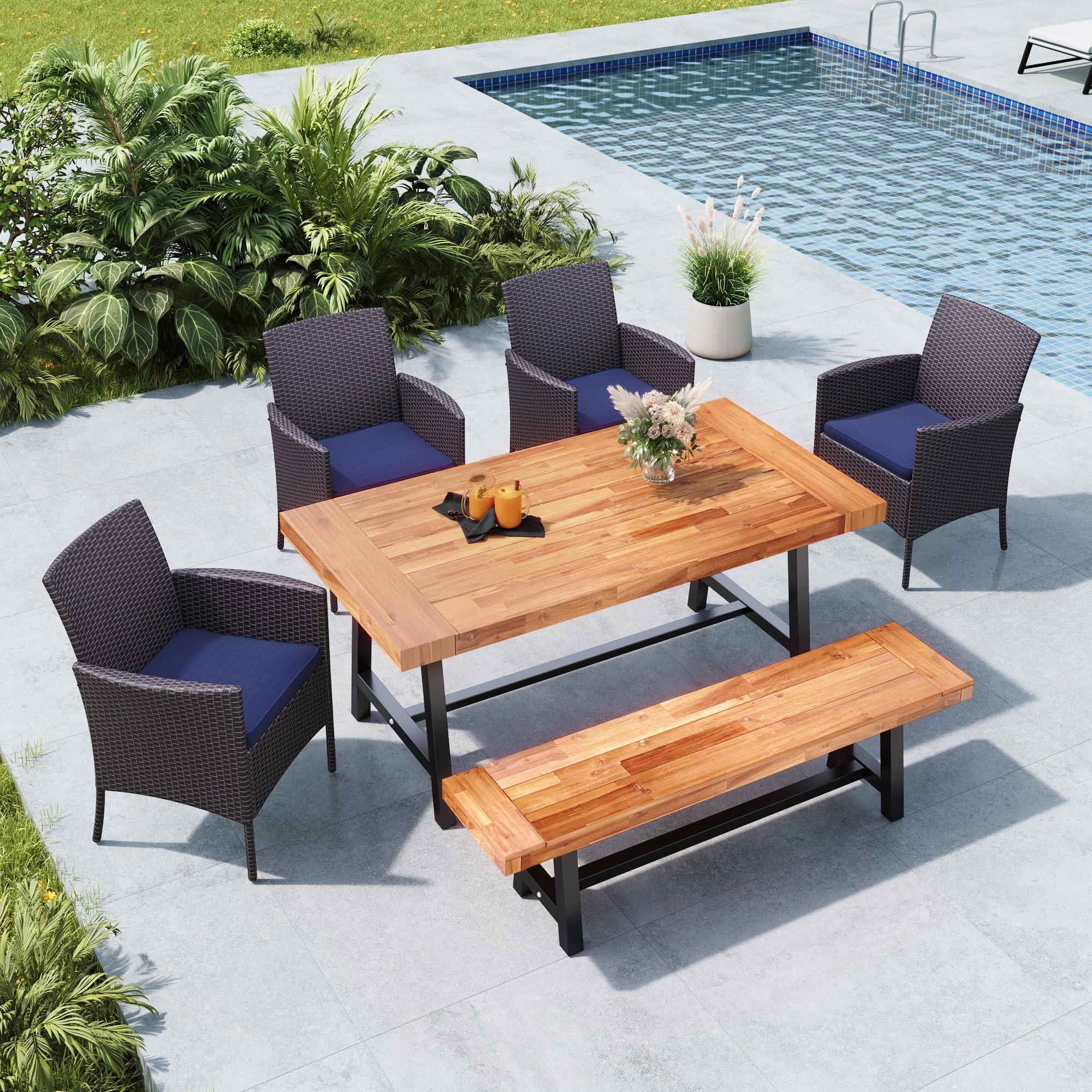 MFSTUDIO 6-Piece Acacia Wood Wicker Patio Dining Set with Table, 4 Chairs & Bench - Outdoor Furniture for Garden, Backyard, Poolside - Weather-Resistant Dining Table & Chairs for Entertaining