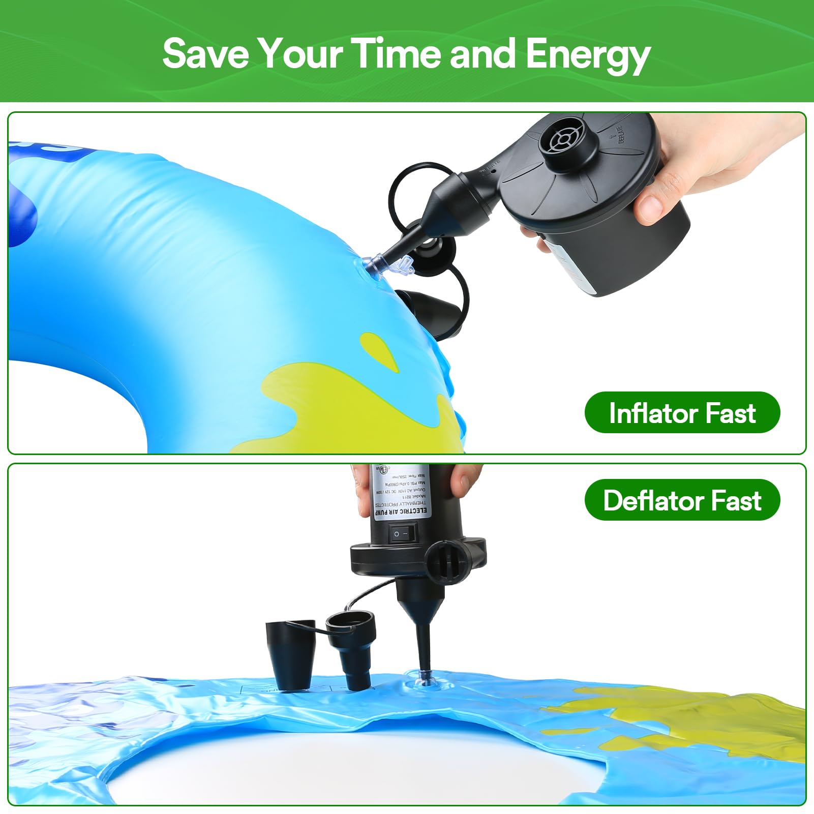 **PULIDIKI 50W Electric Air Pump for Inflatables - Portable Quick Inflator/Deflator with 3 Nozzles - Ideal for Air Mattress, Air Sofa, Pool Toys - Perfect for Camping, Travel & Home Use (AC/DC Power)**