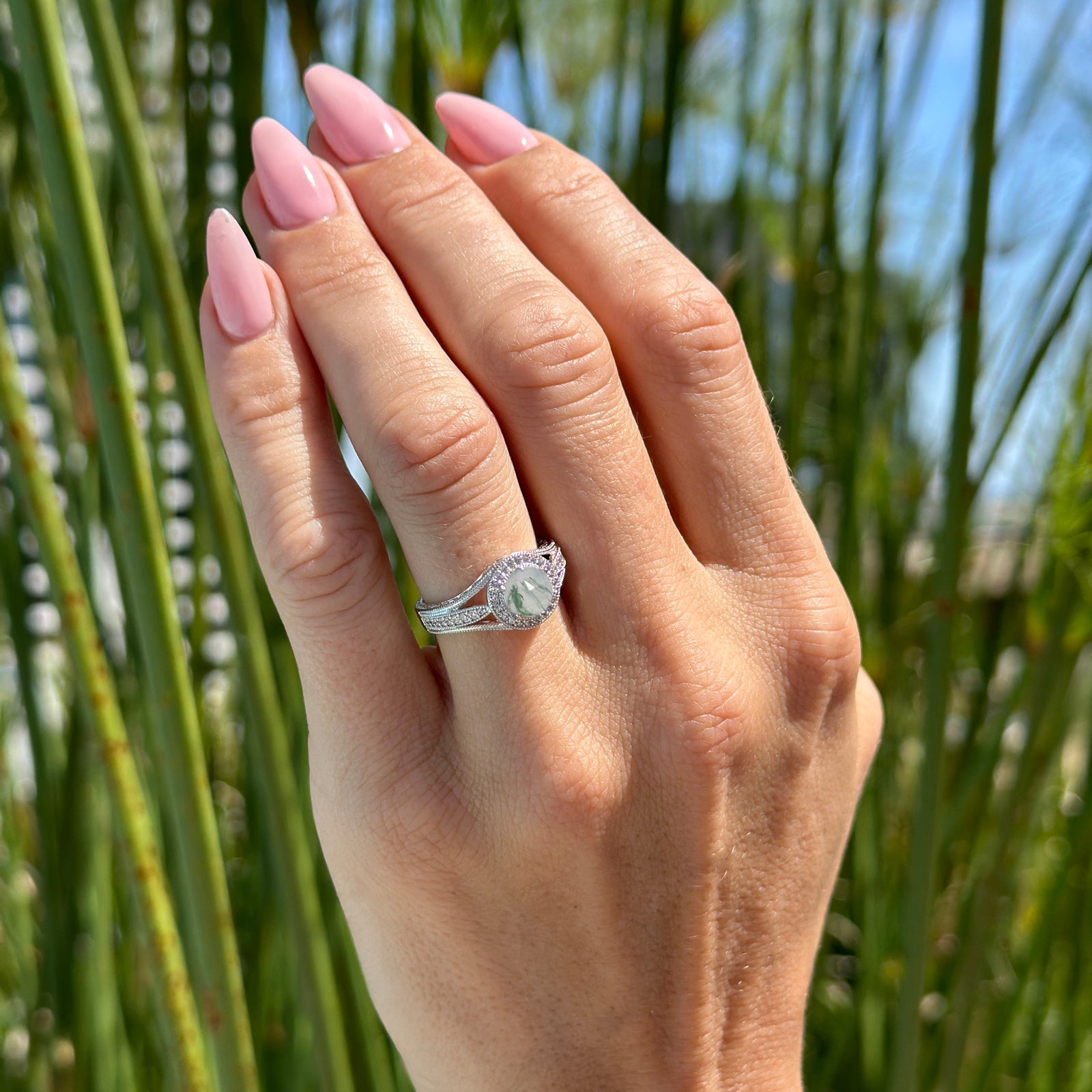 14K Yellow Gold Art Deco Round Halo Split Shank Natural Green Moss Agate Engagement Ring for Women - Perfect for Wedding, Proposal, Anniversary & Special Occasions