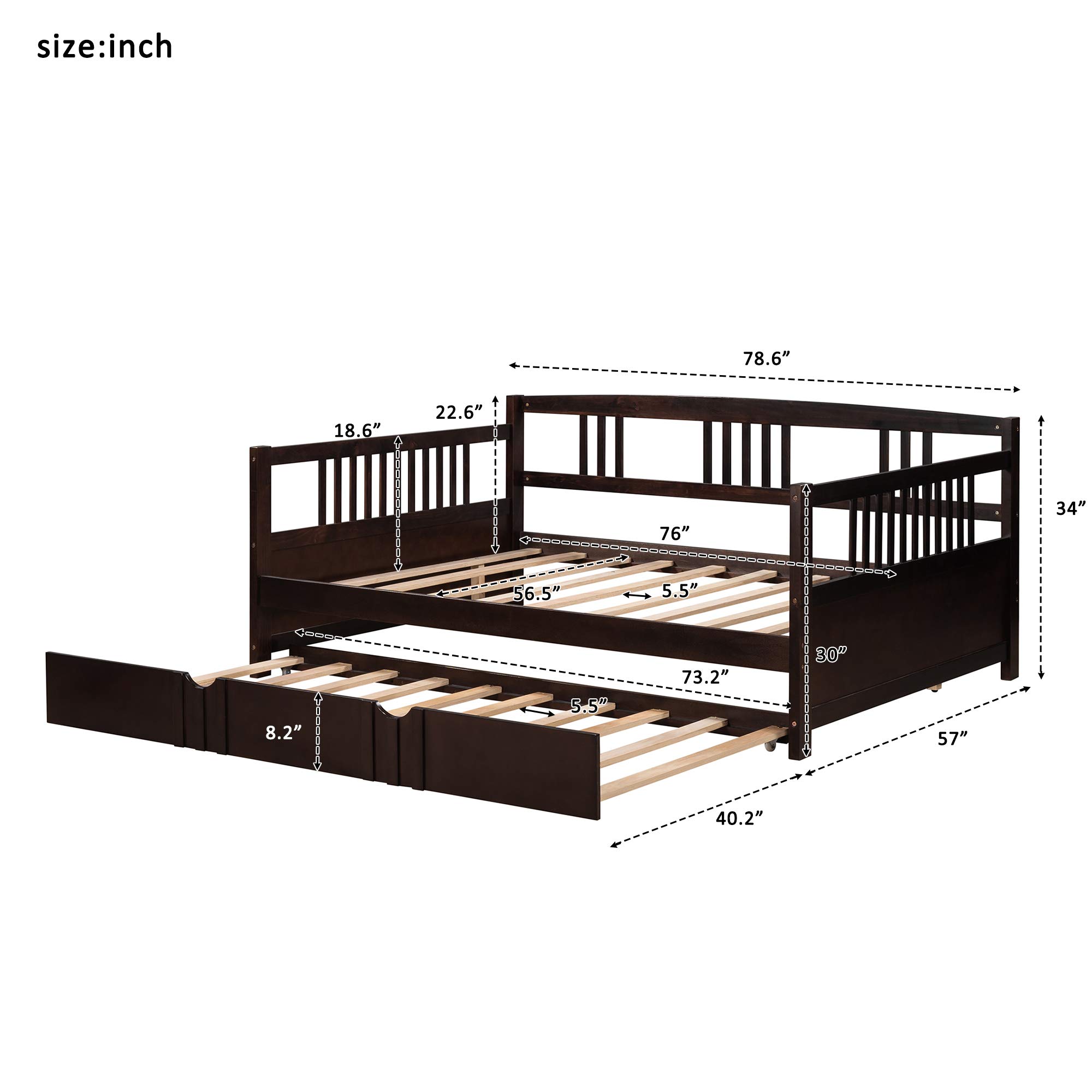 Full Size Wooden Daybed with Twin Trundle - 10 Wooden Slats Support, No Box Spring Needed (Espresso Finish) - Perfect for Guest Rooms, Dormitories & Small Space Living