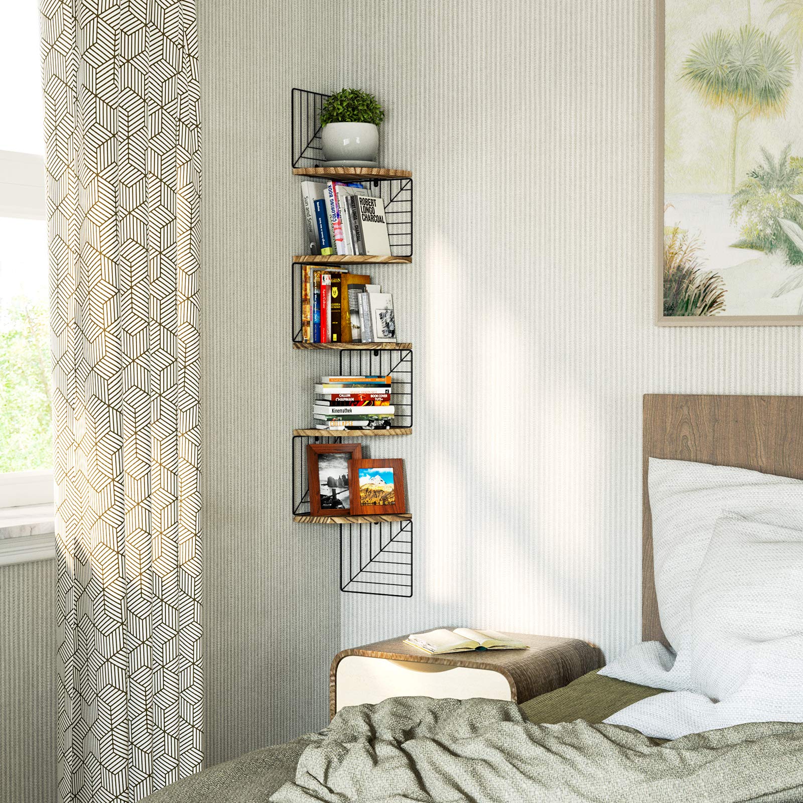 5-Tier Rustic Wood Floating Wall Shelves - Carbonized Black Corner Shelf for Bedroom, Living Room, Bathroom, Kitchen & Office | Space-Saving Storage & Decorative Display Solution