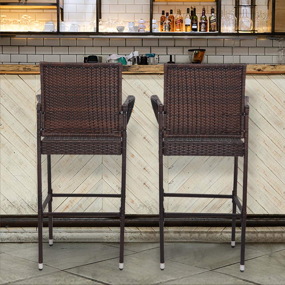 VINGLI 2-Piece Outdoor Wicker Bar Stool Set with Cushions - 30