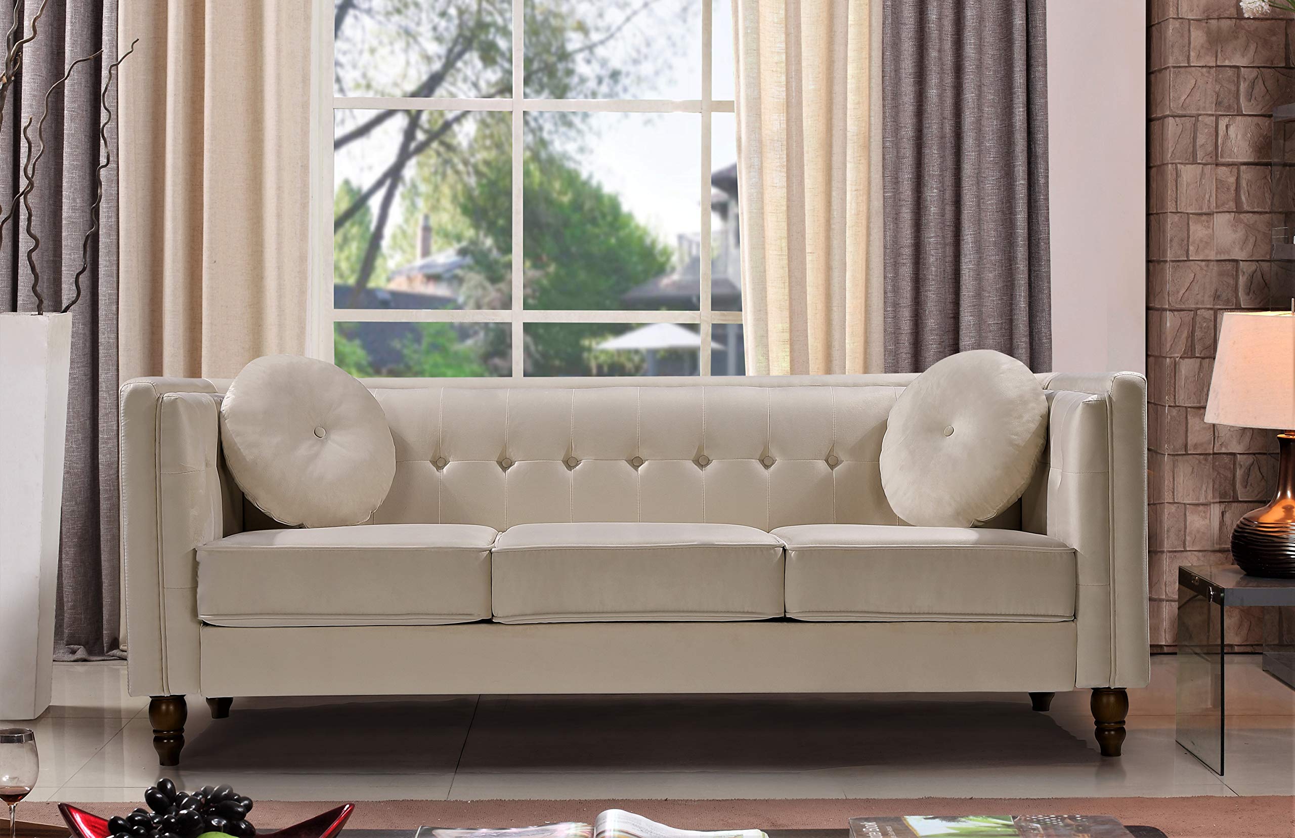 Lexie Velvet 3-Seater Sofa - Modern Mid-Century Chesterfield Style Couch with Plush Comfort for Living Room, Apartment, Bedroom & Office - Ivory | Perfect for Small Spaces, Cozy Lounging & Stylish Home Decor