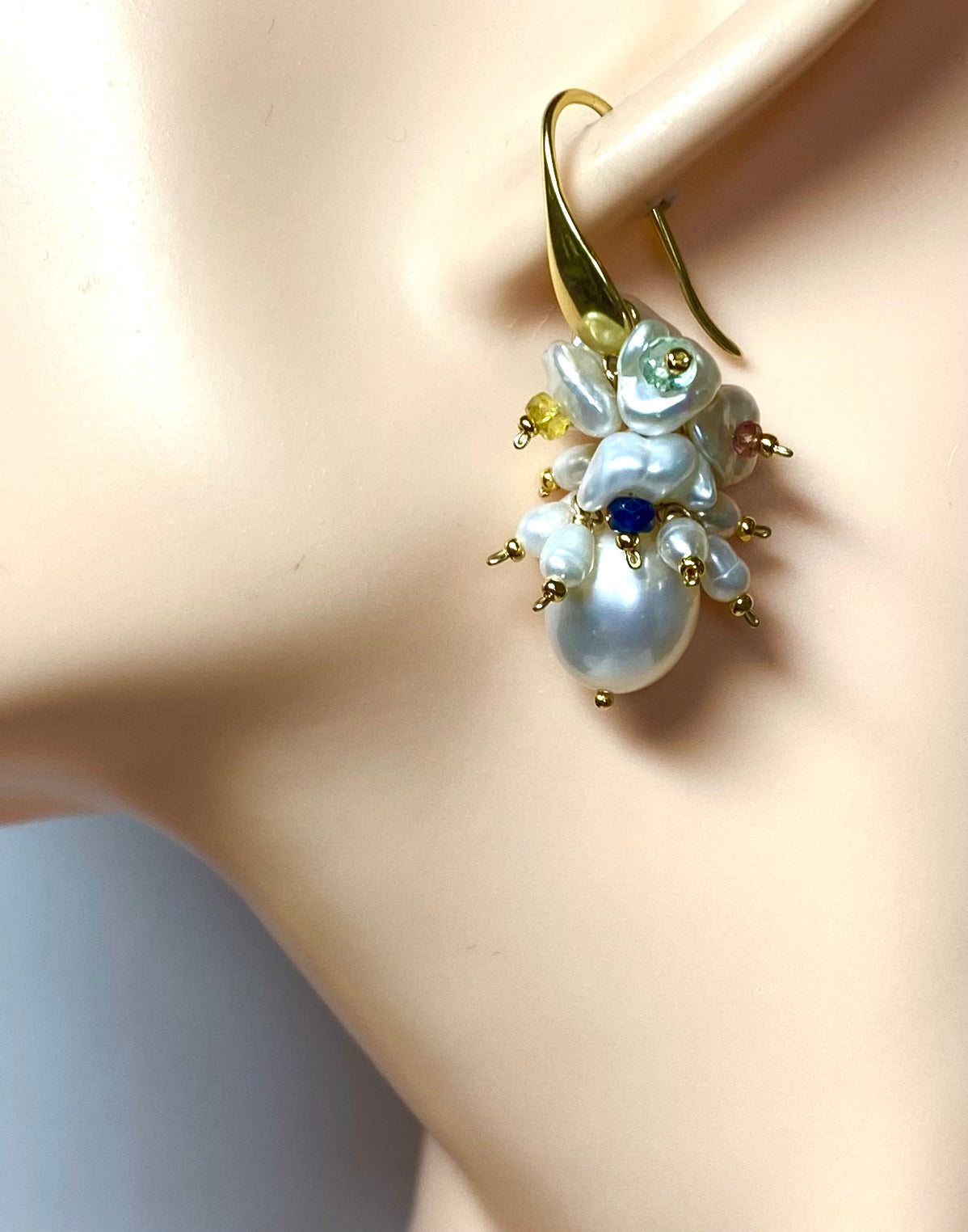 Exquisite Pearl Cluster Earrings with Multicolor Sapphire Gemstones & Keishi Pearls in Gold Fill - Perfect for Weddings, Parties & Special Occasions