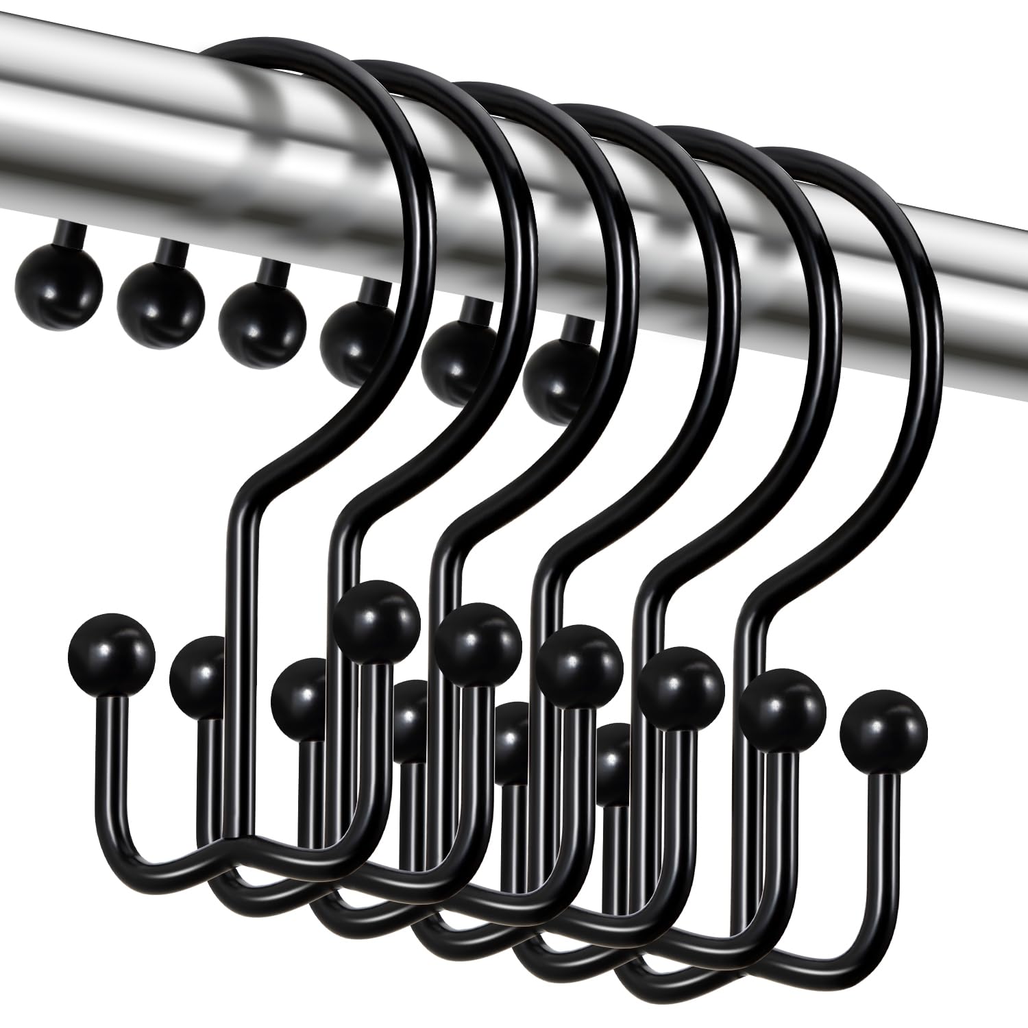 Premium Black Shower Curtain Hooks - 12 Pack Stainless Steel Rustproof Double Rings with Anti-Drop Design for Bathroom Decor | Perfect for Modern Showers, Bathtubs and Spa-Style Bathrooms