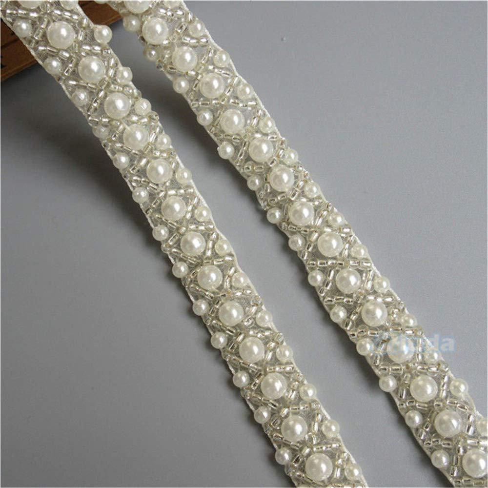 1 Meter Pearl Beaded Lace Trim Ribbon - 1.5cm Wide Vintage Ivory Embroidered Fabric Edging for Sewing, Crafts, Wedding Dresses & Bridal Decor - Perfect for DIY Costumes, Party Attire, and Home Decoration Projects