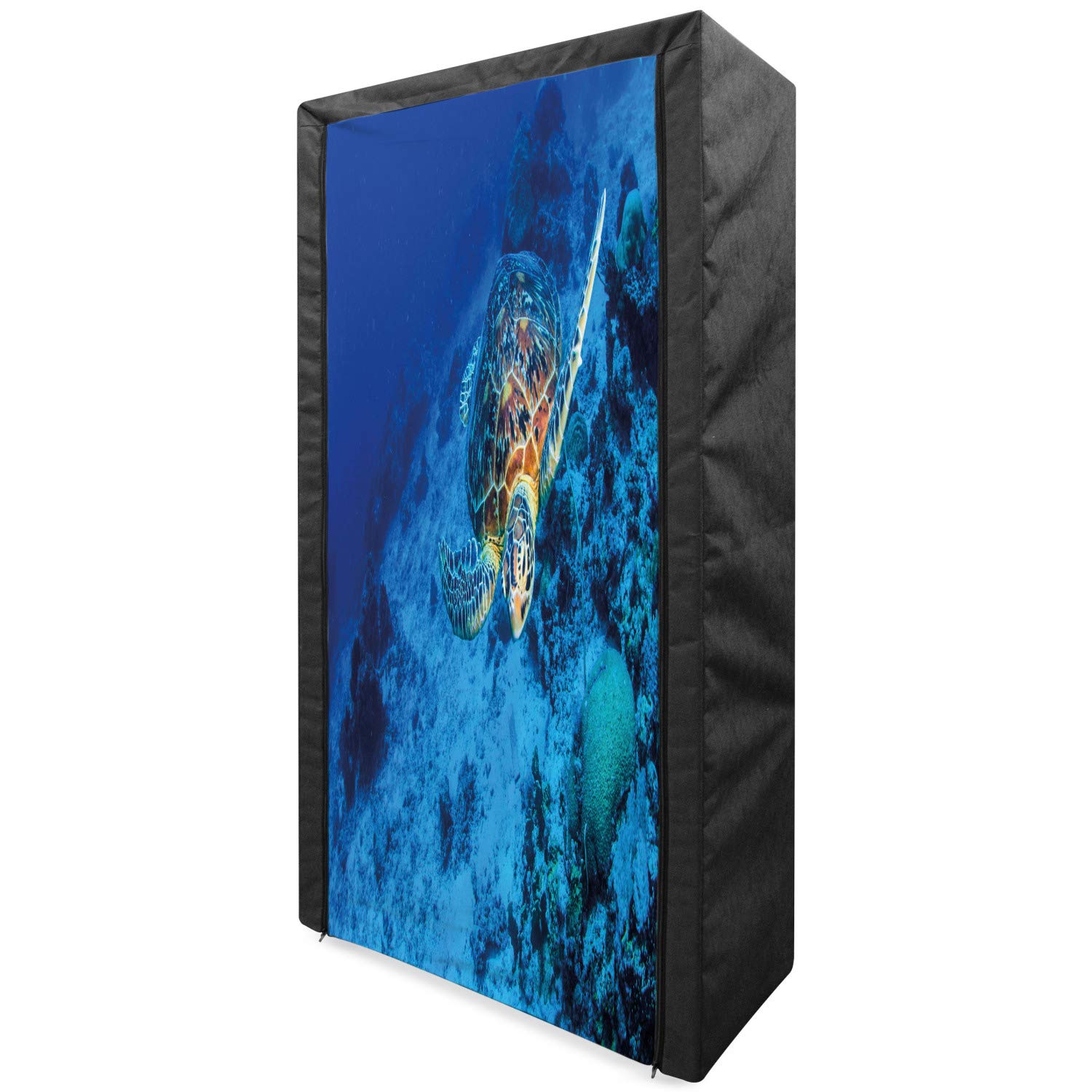 Ambesonne Portable Fabric Wardrobe with Shelves - Oceanic Wildlife Sea Turtle Design in Deep Blue Waters & Coral Reef Theme - 33.5