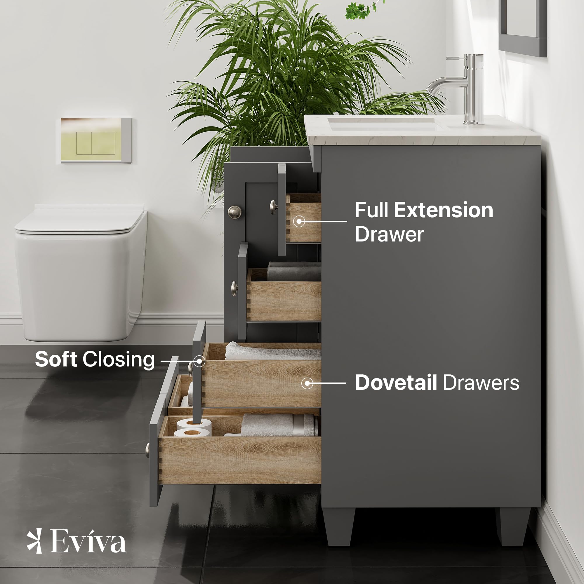 Eviva Happy 24 Inch Bathroom Vanity Set with Quartz Countertop & Porcelain Sink - Grey Small Bathroom Cabinet for Modern Spaces | Perfect for Powder Rooms, Guest Baths & Compact Master Bathrooms