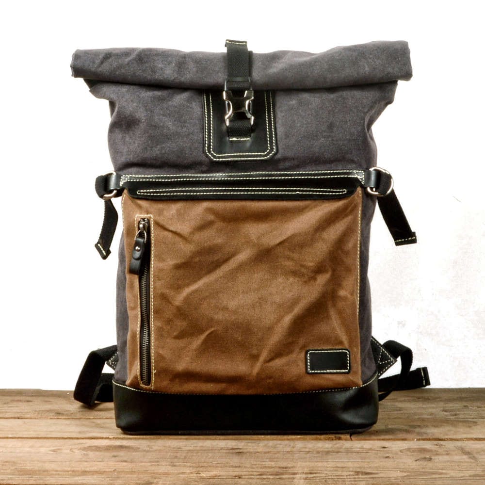 Durable Canvas & Genuine Leather Backpack - Waterproof Grey & Green Laptop Bag for Men & Women | Perfect for Travel, Work & College Commute
