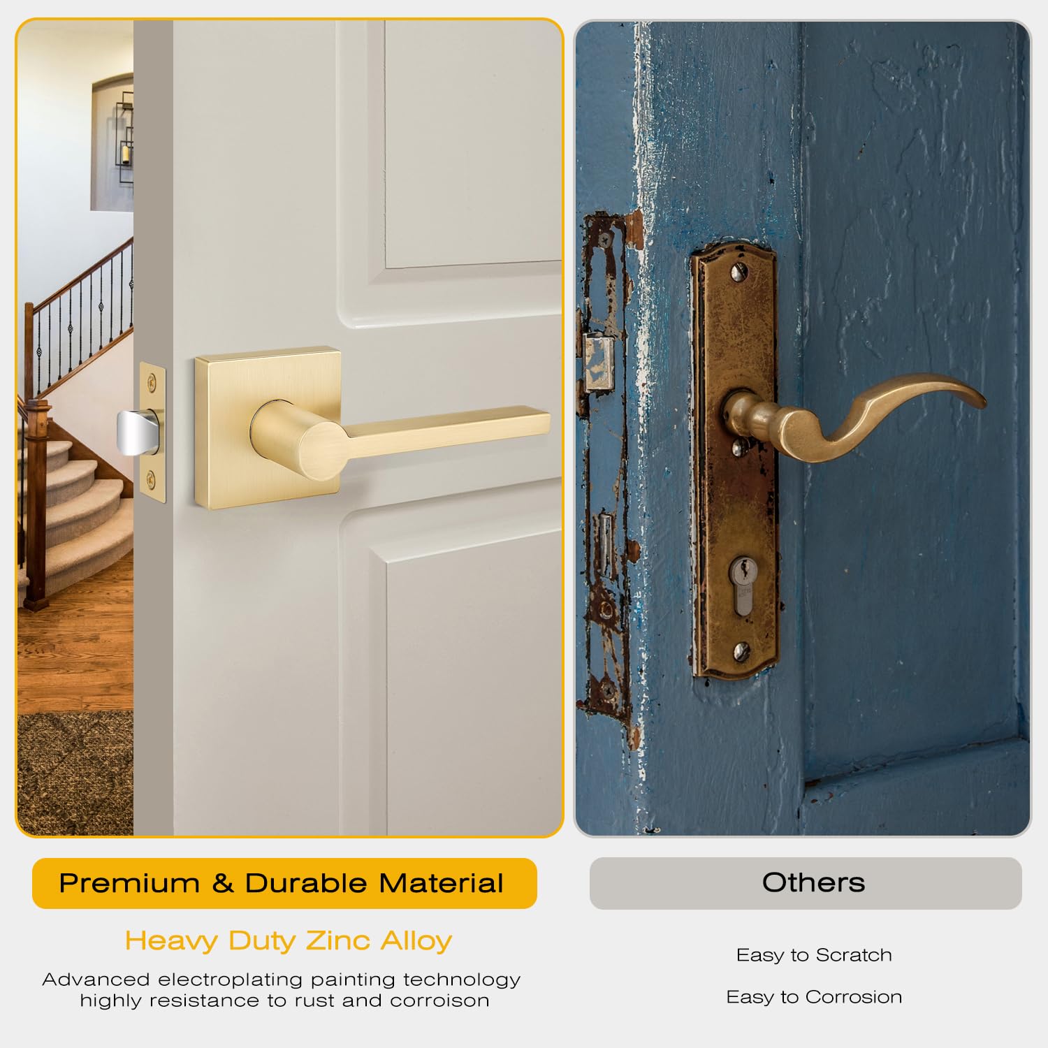 EHOMEWARE 6-Pack Satin Brass Door Handles - Gold Finish Interior Door Knobs, Heavy Duty Keyless Passage Levers for Hallway Closet & Bedroom Doors - Modern Hardware for Home & Office Upgrade