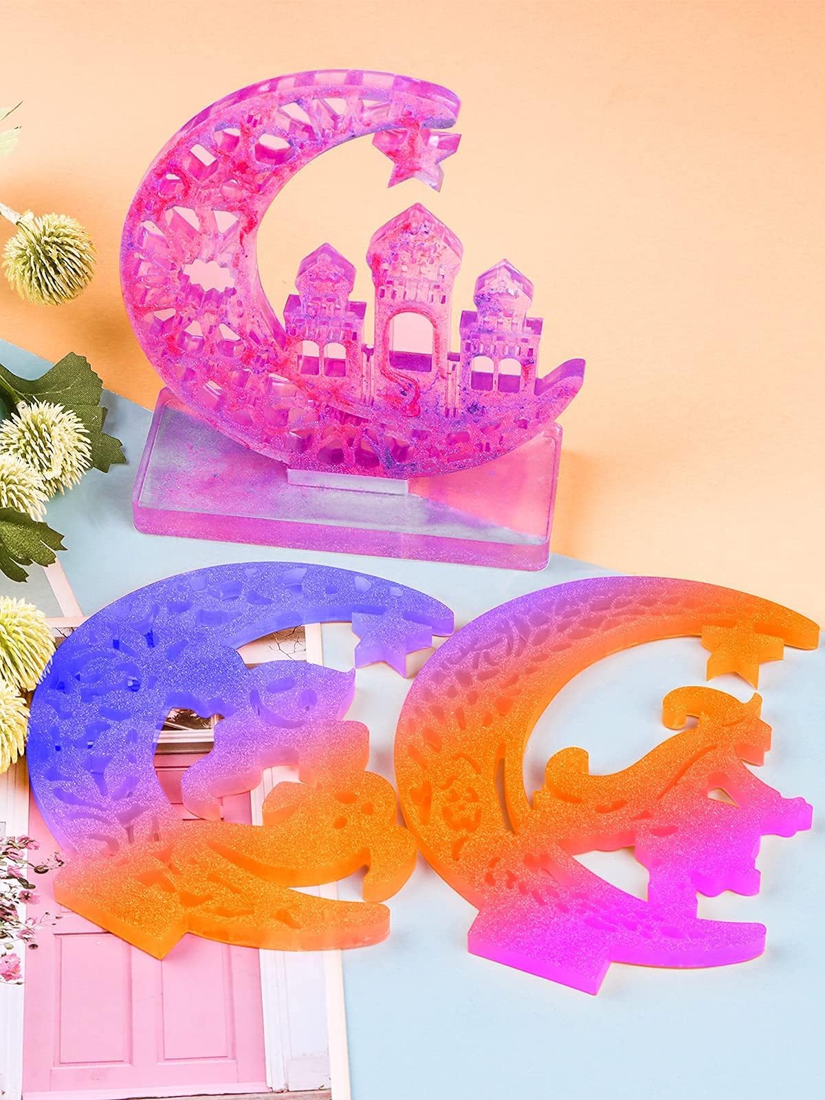 Kalolary 4Pcs Coffin & Crescent Moon Epoxy Resin Molds with Stand - DIY Silicone Craft Kits for Halloween Decor, Home Tabletop Accessories - Perfect for Jewelry Making, Resin Art Projects & Spooky Party Decorations