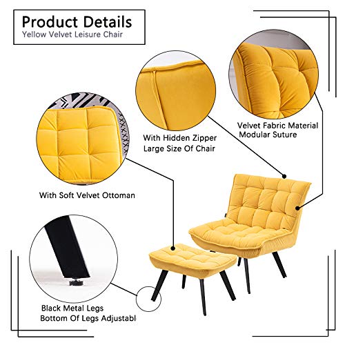 RUNNA Modern Soft Velvet Accent Chair - Comfortable Leisure & TV Chair with Ottoman, Black Legs for Living Room, Bedroom & Home Decor (Yellow) | Perfect for Relaxing, Reading & Entertaining Guests