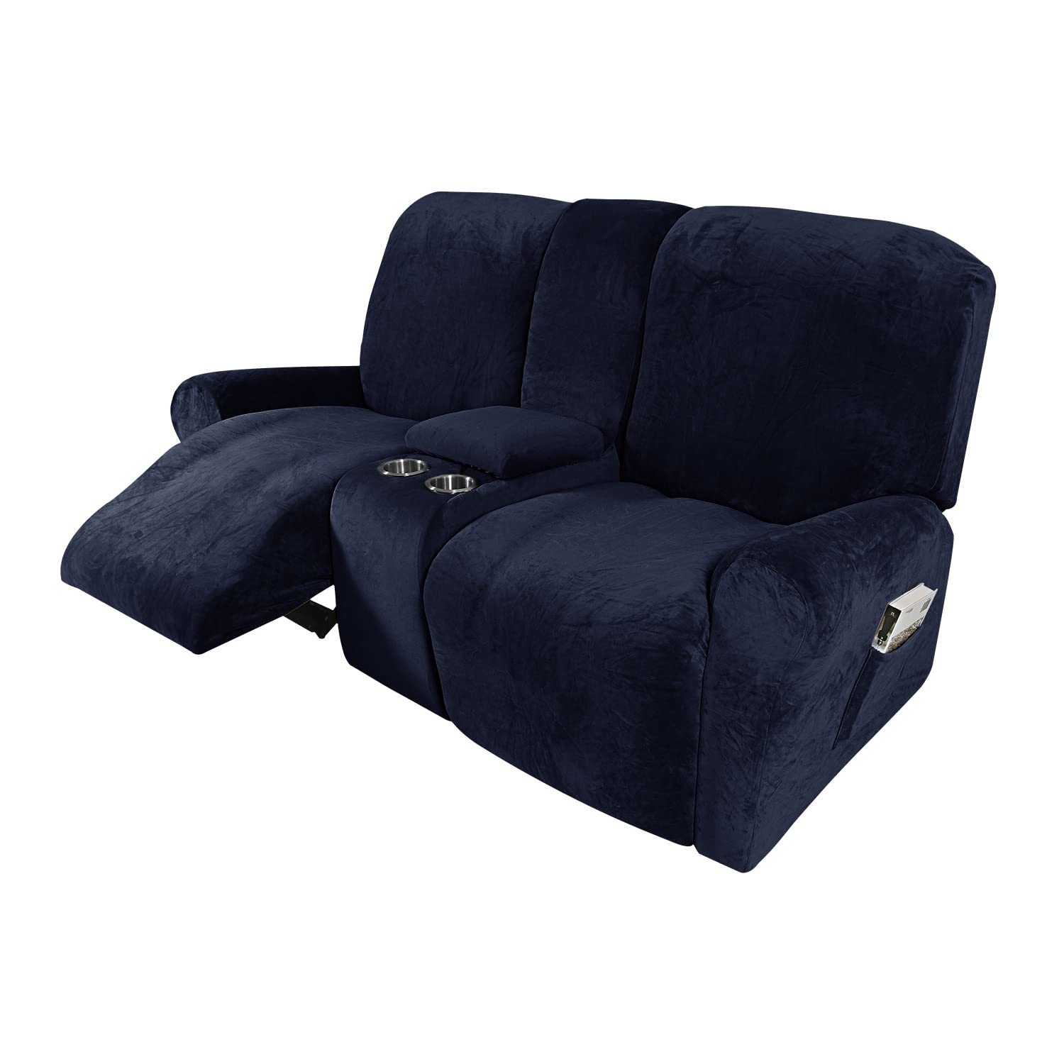 GXLONG 8-Piece Velvet Stretch Slipcover for Reclining Loveseat with Middle Console - Washable Sofa Cover for 2-Seater, Navy Blue - Perfect for Living Room, Home Theater & Family Room Furniture Protection