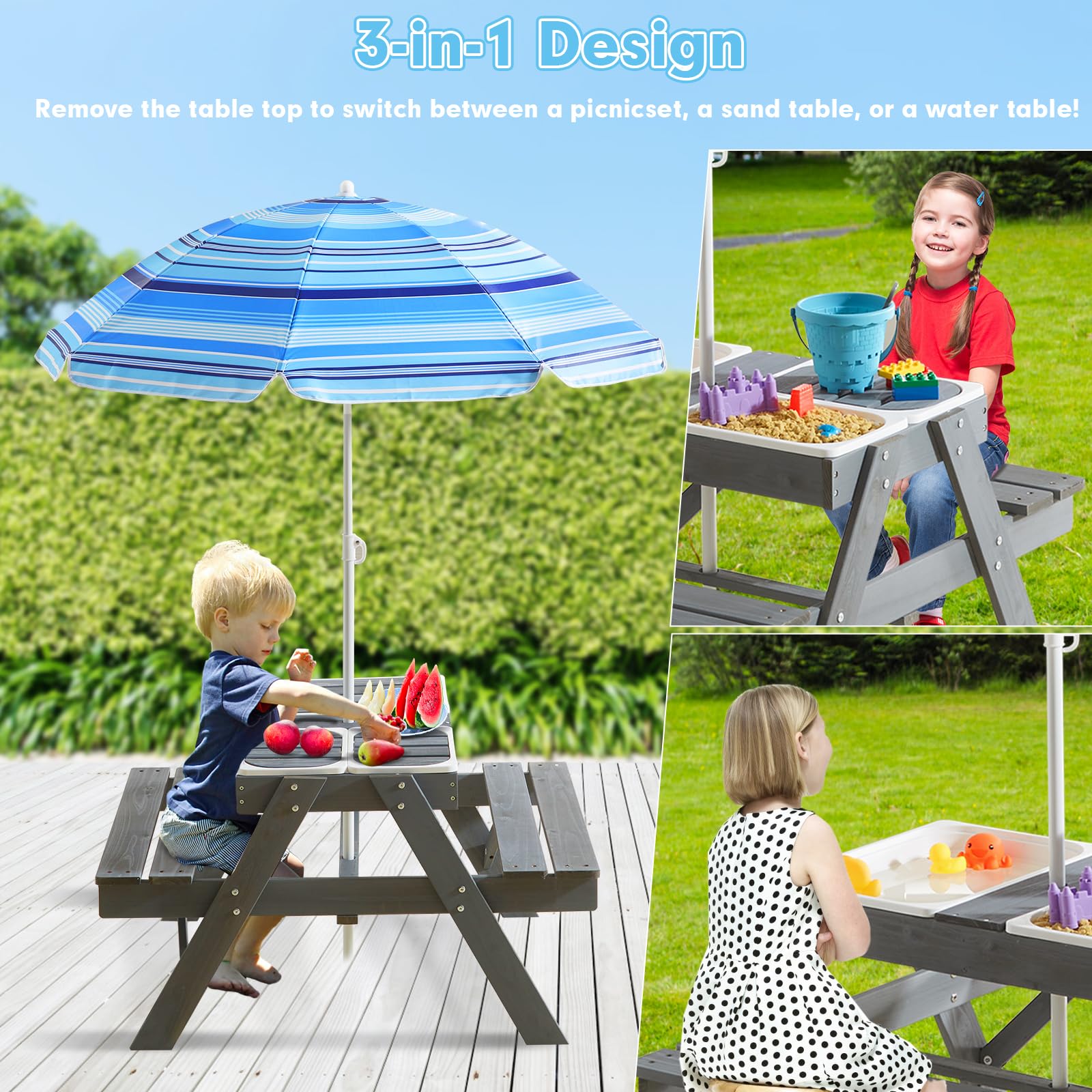 Beright 3-in-1 Adjustable Kids Picnic Table with Umbrella - Outdoor Wooden Sand & Water Sensory Play Table, Removable Tabletop & 3 Storage Bins - Perfect for Backyard, Patio, Park & Beach Playtime