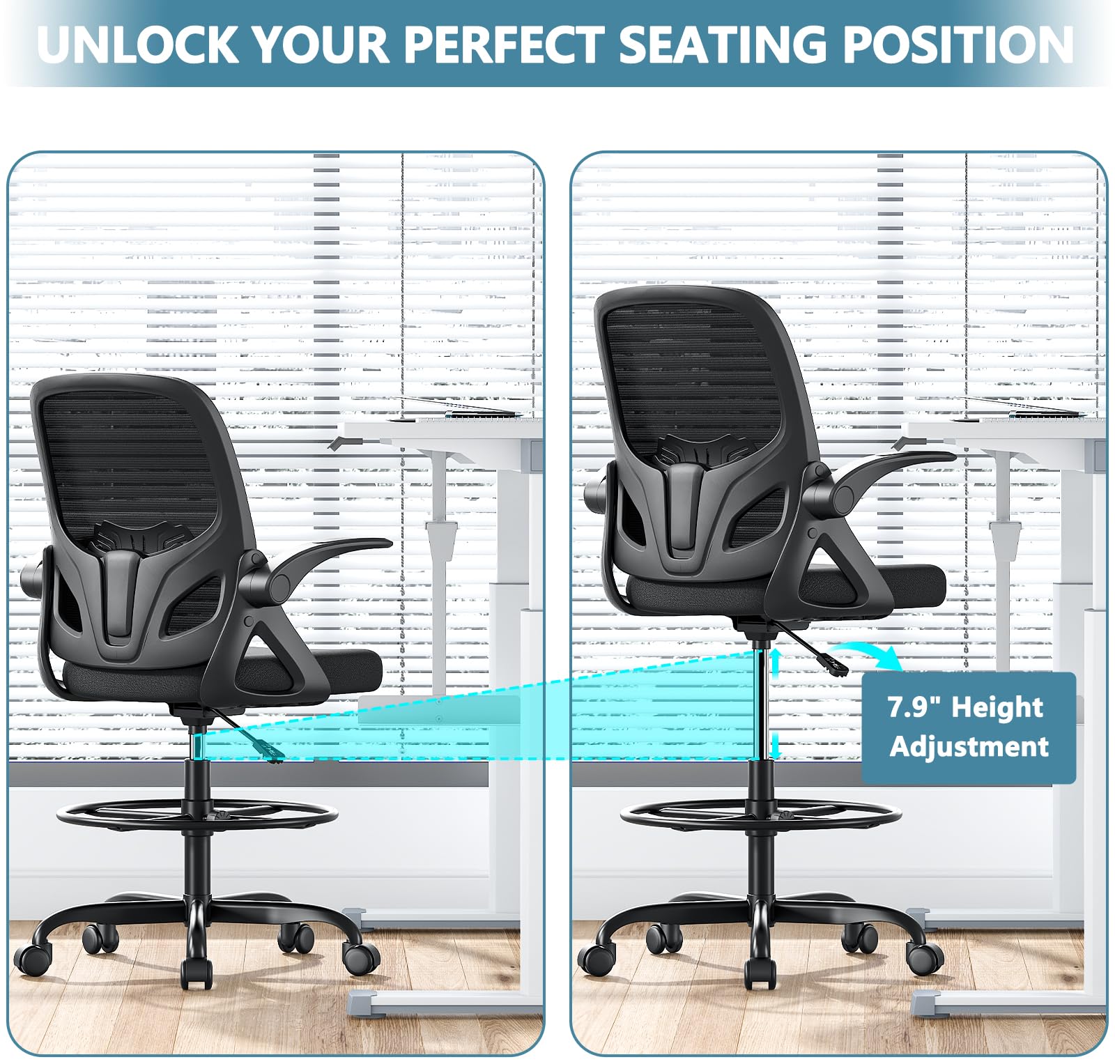 Ergonomic Tall Drafting Chair with Footrest Ring - Adjustable Height Office Chair with Flip-Up Arms & Lumbar Support for Home & Work (Black) - Perfect for Architects, Artists & Long Work Sessions at Standing Desks