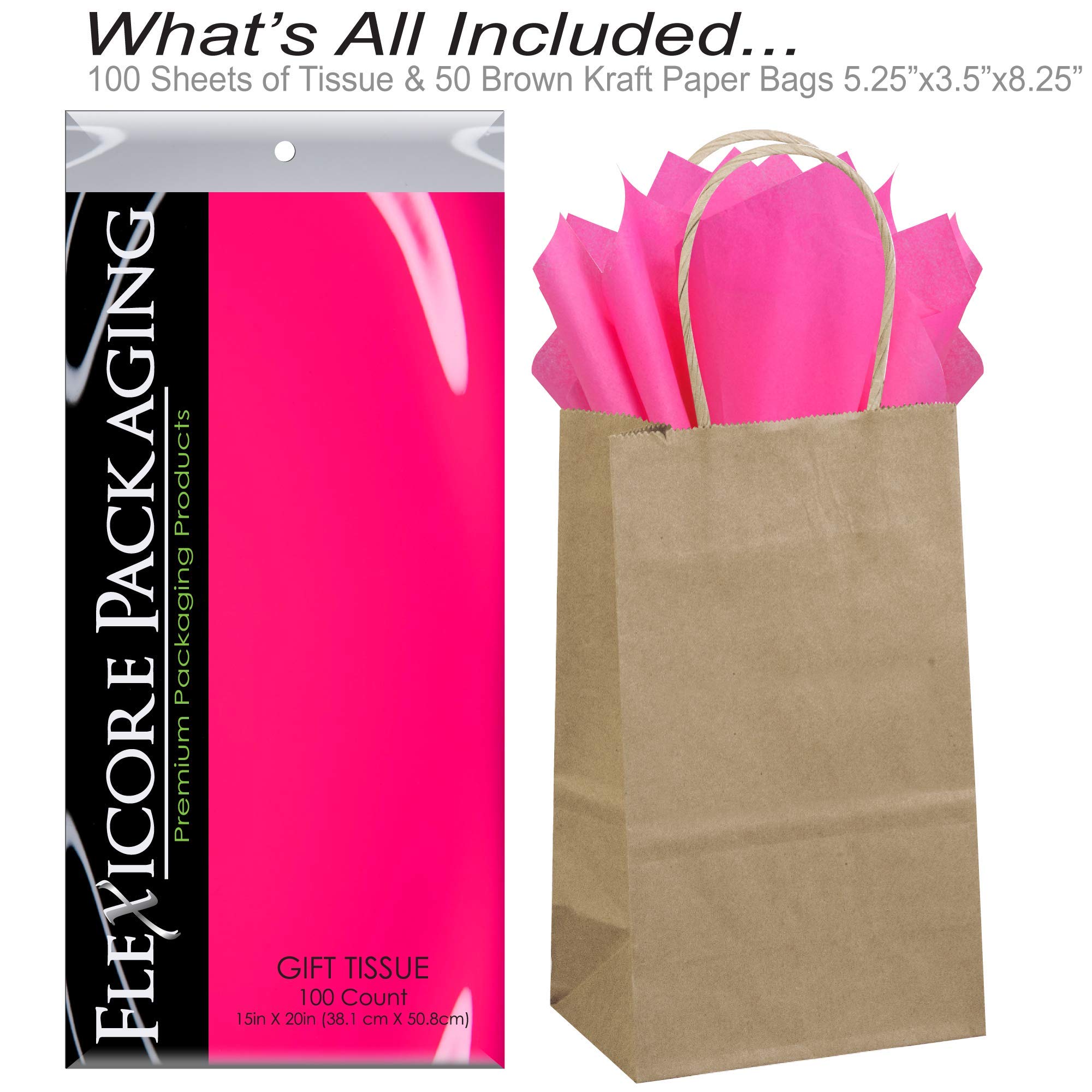 Flexicore Packaging® 50-Pack Natural Brown Kraft Paper Gift Bags with 100 Sheets Hot Pink Tissue Paper - Eco-Friendly Party Favor Bags for Weddings, Birthdays & Holiday Gifting