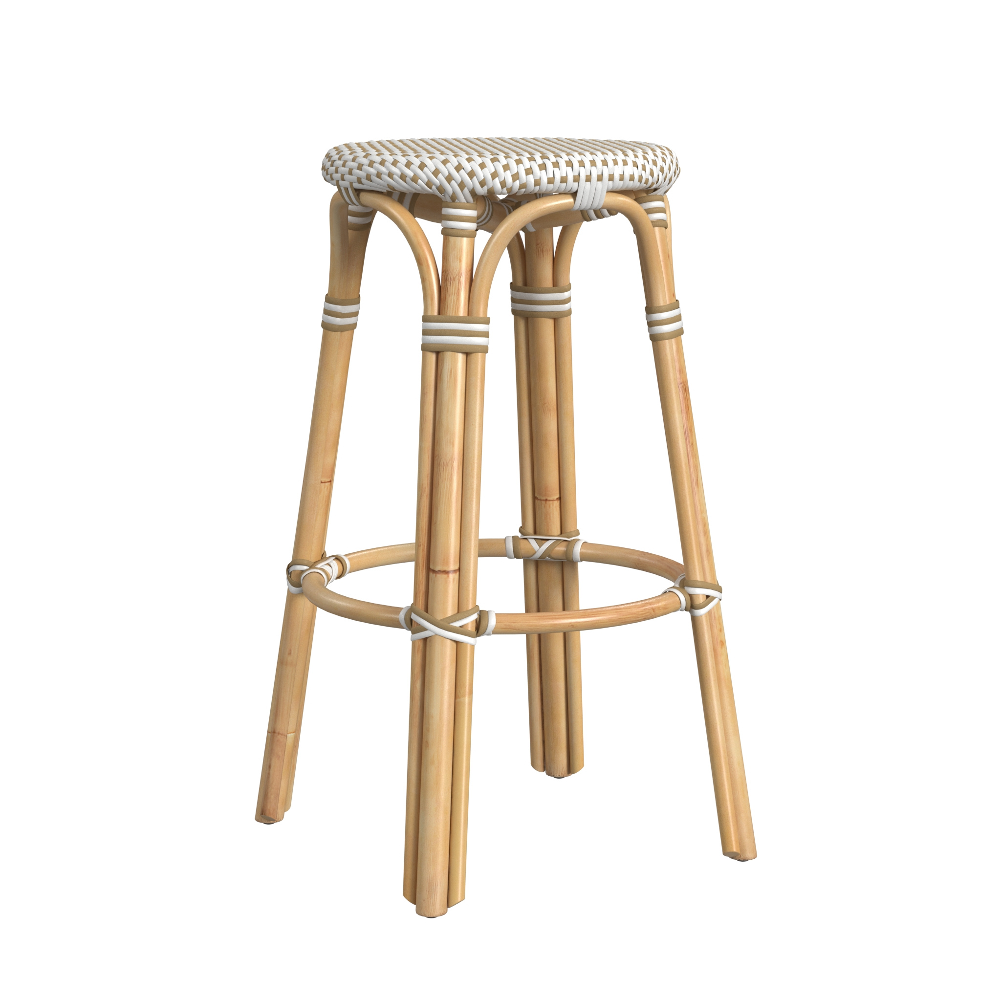 Beige and White Rattan Bar Stool - Natural Wicker Counter Height Stool with Cushion - Perfect for Kitchen Island, Breakfast Nook & Home Bar Decor