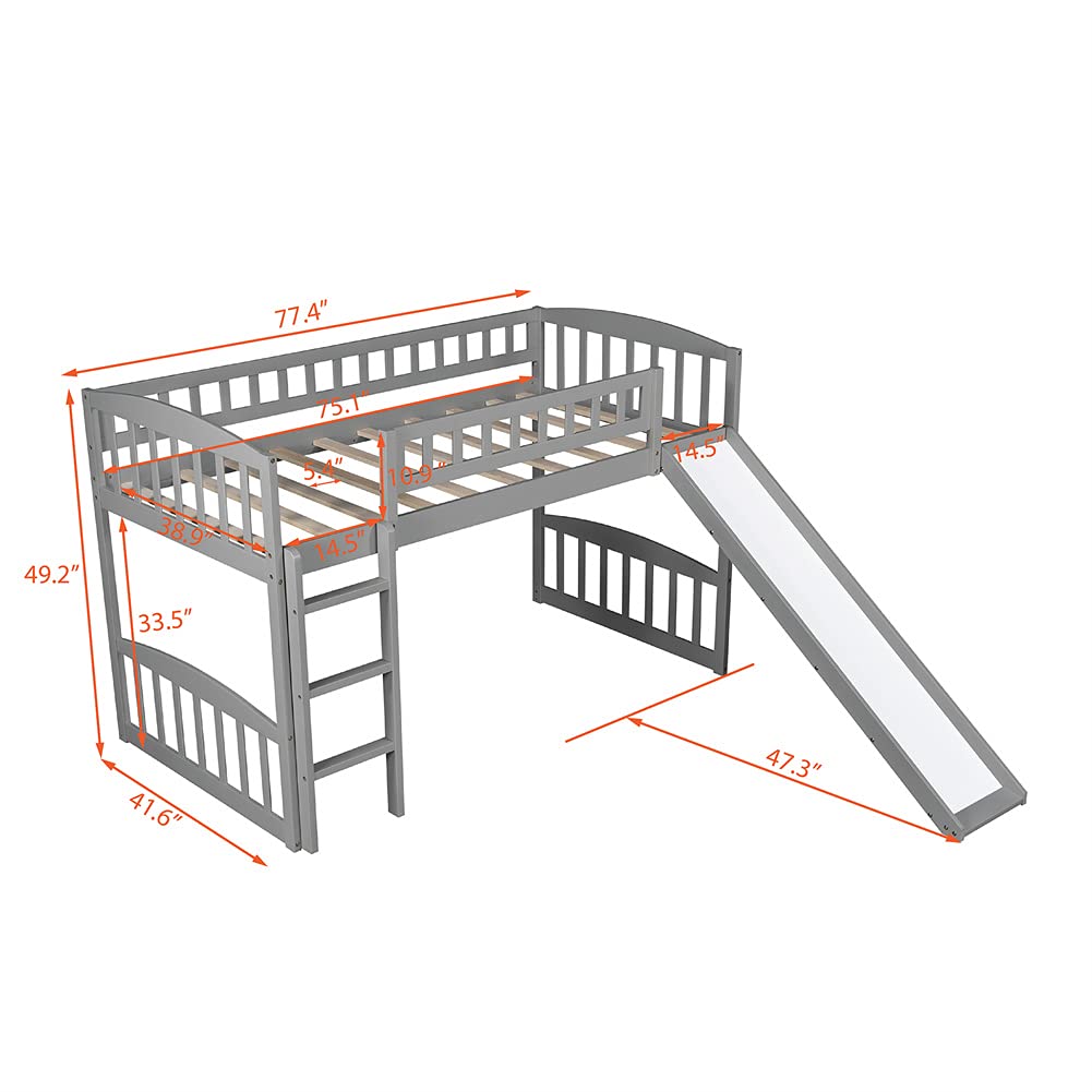Kids Twin Loft Bed with Slide & Ladder - Low Profile Wooden Mini Loft Bed for Small Spaces, No Box Spring Needed (Gray) | Perfect for Small Bedrooms, Playrooms & Kids' Sleepovers