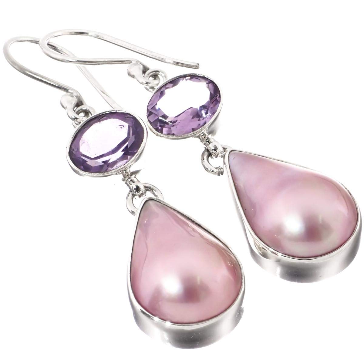 Exquisite Teardrop Pink Mabe Cultured Pearl & Amethyst 925 Sterling Silver Earrings (1.25 Inch) - Elegant Jewelry for Weddings, Parties & Special Occasions