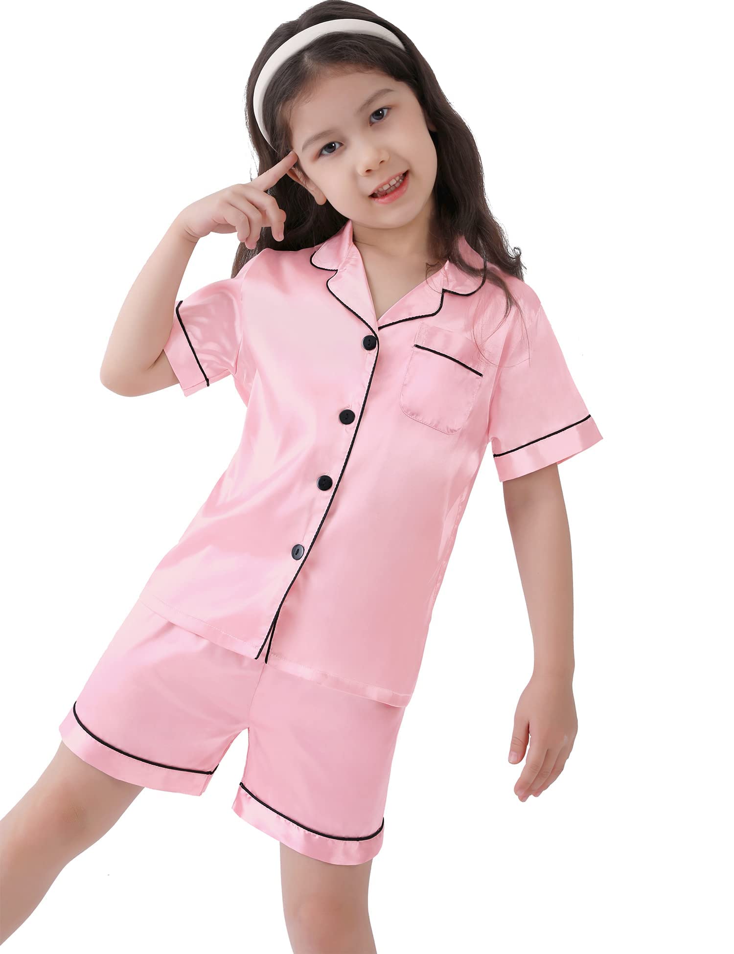 SWOMOG Kids Satin Pajama Set for Girls & Boys - Soft Button-Down Silk PJS with Short Sleeves - 2-Piece Lounge Wear for Sleepovers, Birthday Gifts & Cozy Family Nights