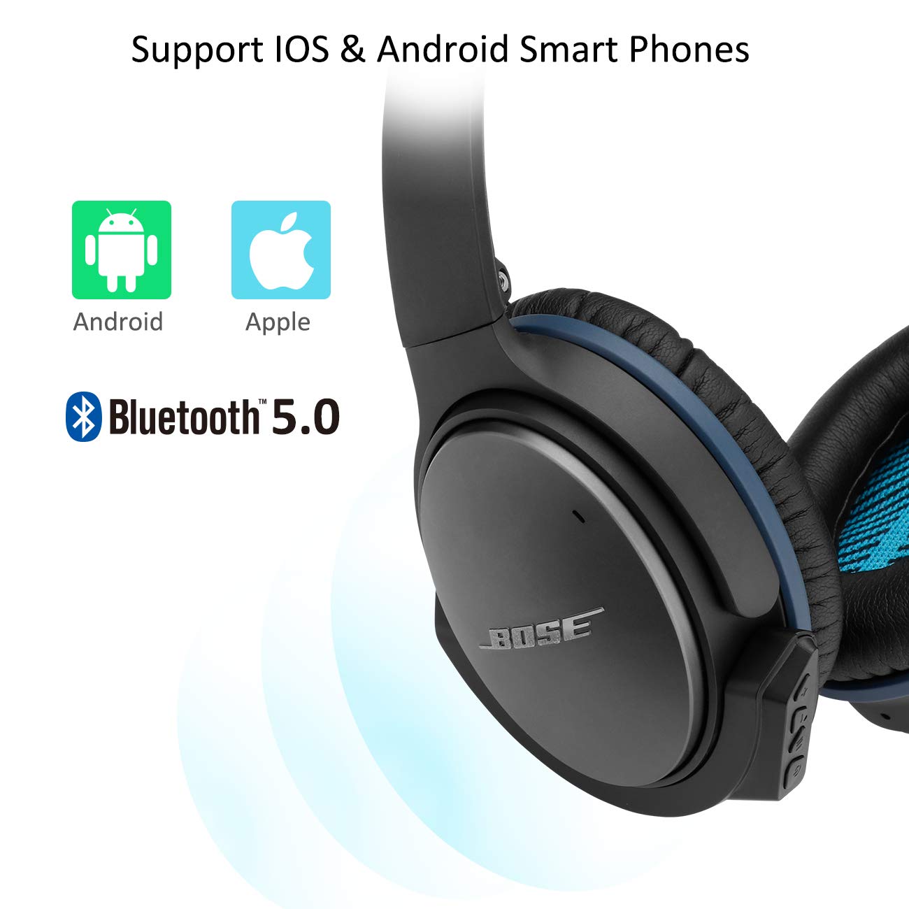 Upgraded aptX Wireless Bluetooth Adapter for Bose QuietComfort QC 25 Headphones with Mic & Volume Control - Black | Wireless Audio Streaming for Music, Movies & Calls | Perfect for Travel, Commuting & Office Use