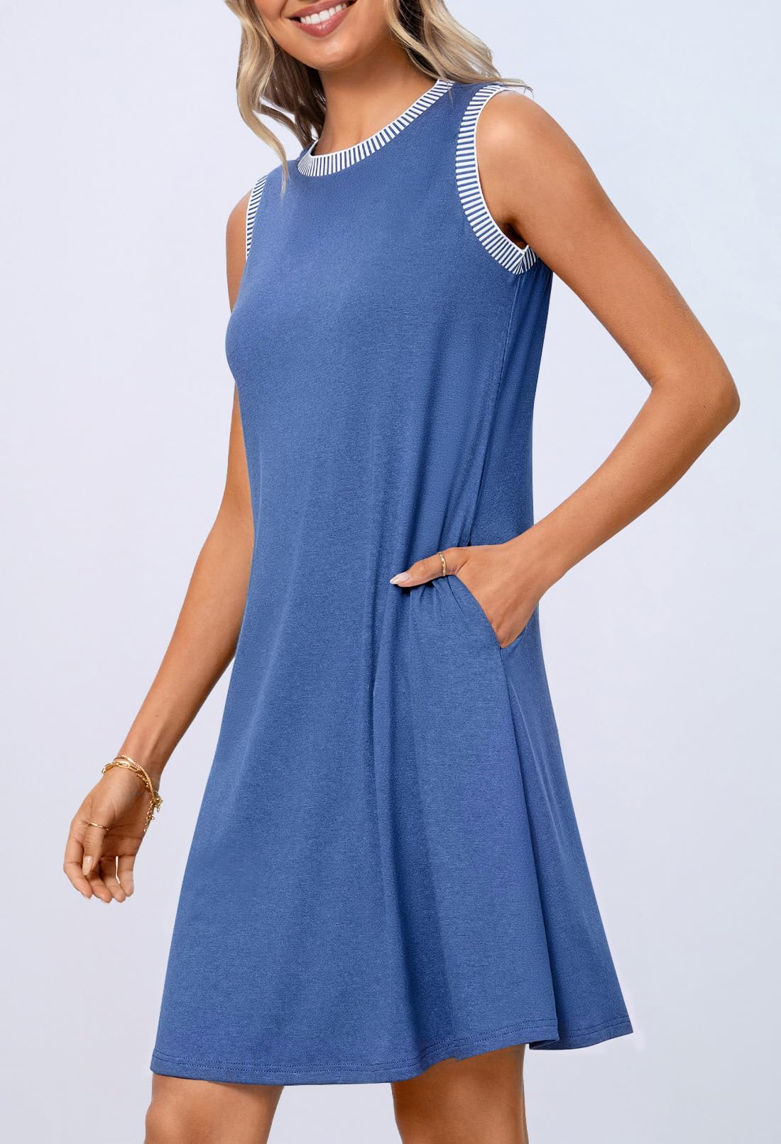 MEROKEETY Women's Sleeveless Sundress - Summer Spring Casual Mini Dress, Beach Vacation Coverup, Crewneck Tank Dress for Outing, Travel, and Daily Wear