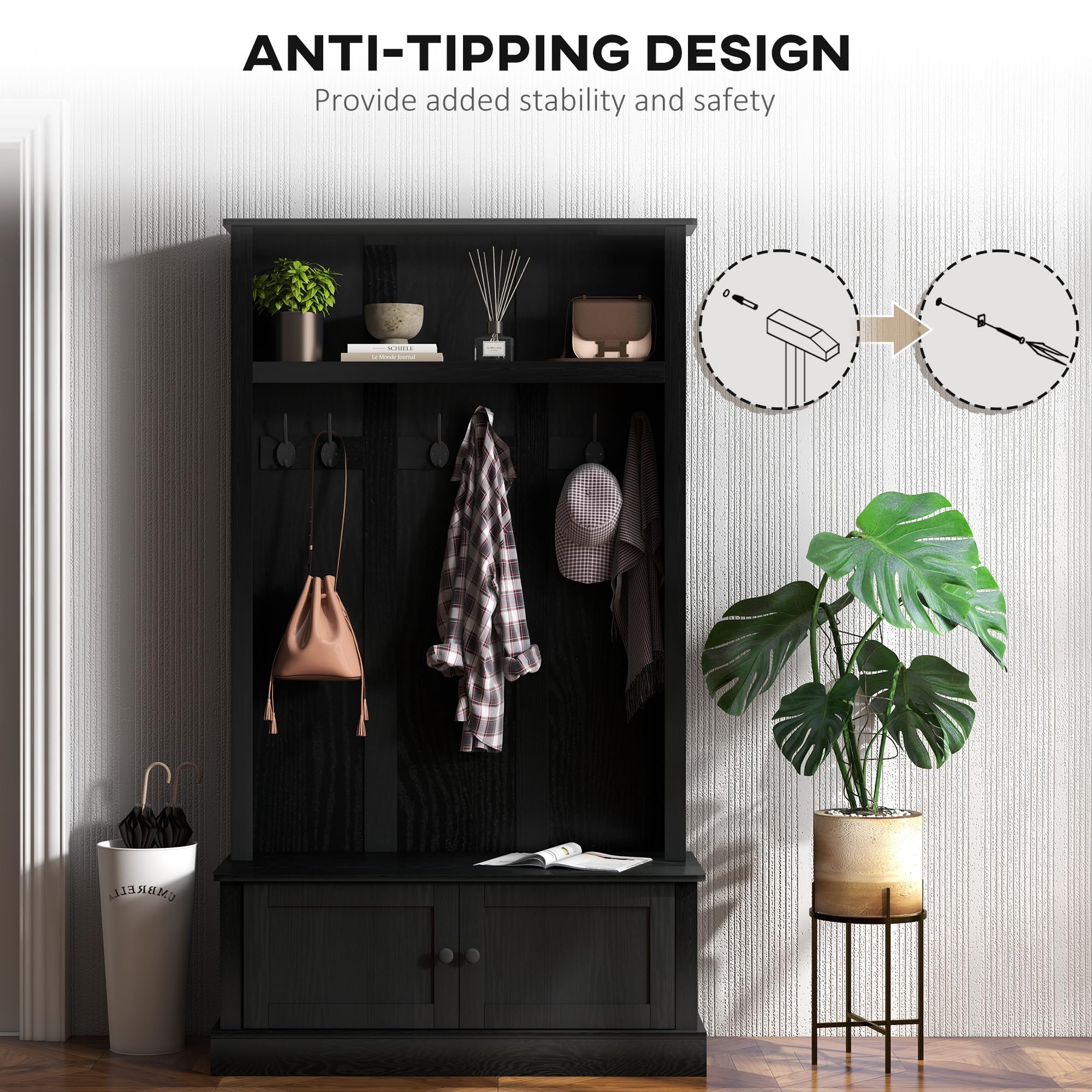 HOMCOM Entryway Bench with Storage & Hooks - Hall Tree Coat Rack, Shoe Storage Cabinet & Shelf - Sturdy Mudroom Bench for Hallway, Living Room & Entryway Organization - Black