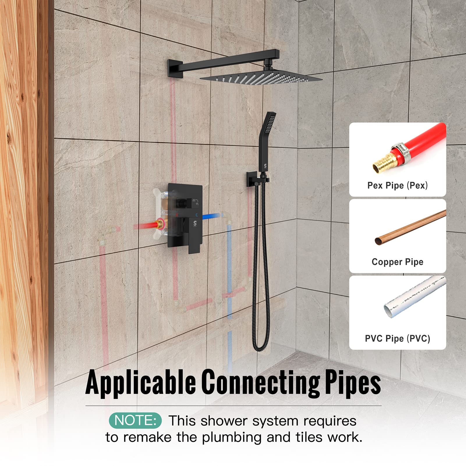 SR SUN RISE Black Square Rainfall Shower Head and Handle Set - Wall Mounted Shower Fixtures with Metal Faucet Trim & Valve Repair Kit for Bathroom Renovation - Perfect for Modern Home, Spa, and Luxury Shower Experience