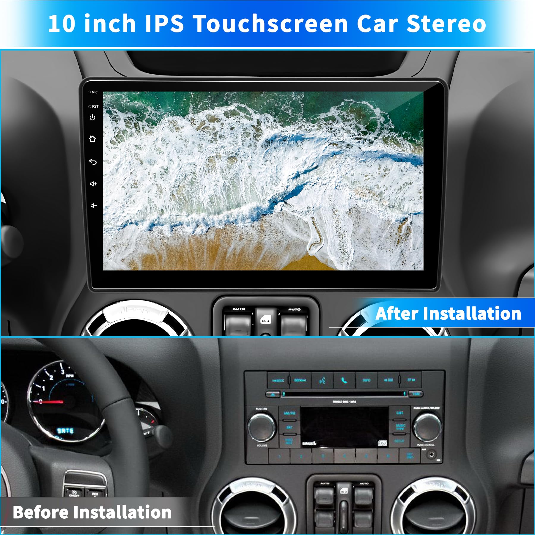 Jeep Wrangler JK Compass Grand Cherokee Dodge Ram 1500 Car Stereo - Android 12 OS 10