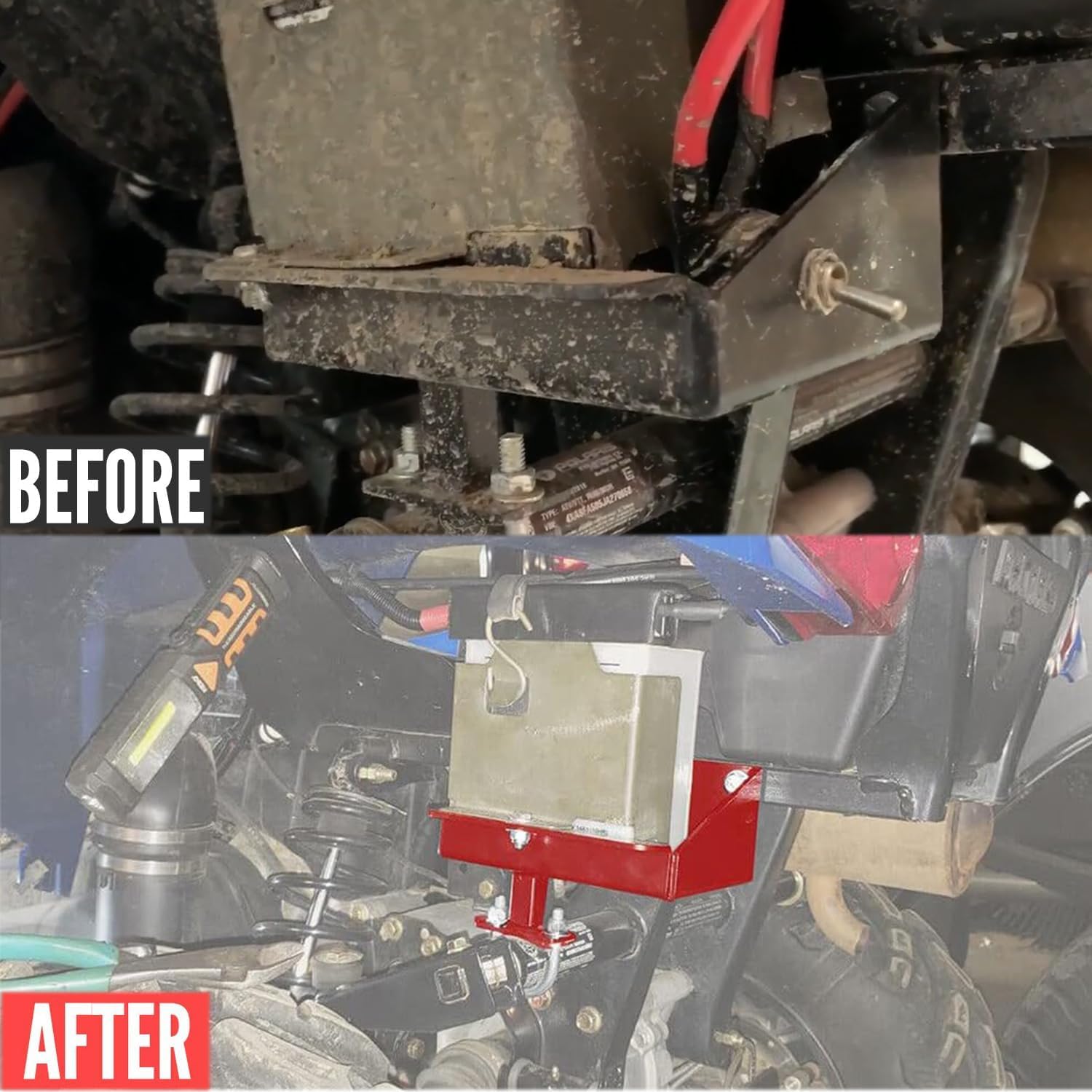 Polaris Sportsman 450 570 Battery Relocation Kit (2014-2021) - Aluminum Battery Box Tray with Wires & Remote Terminals - Red - Perfect for Off-Road ATV Upgrades & Custom Installations
