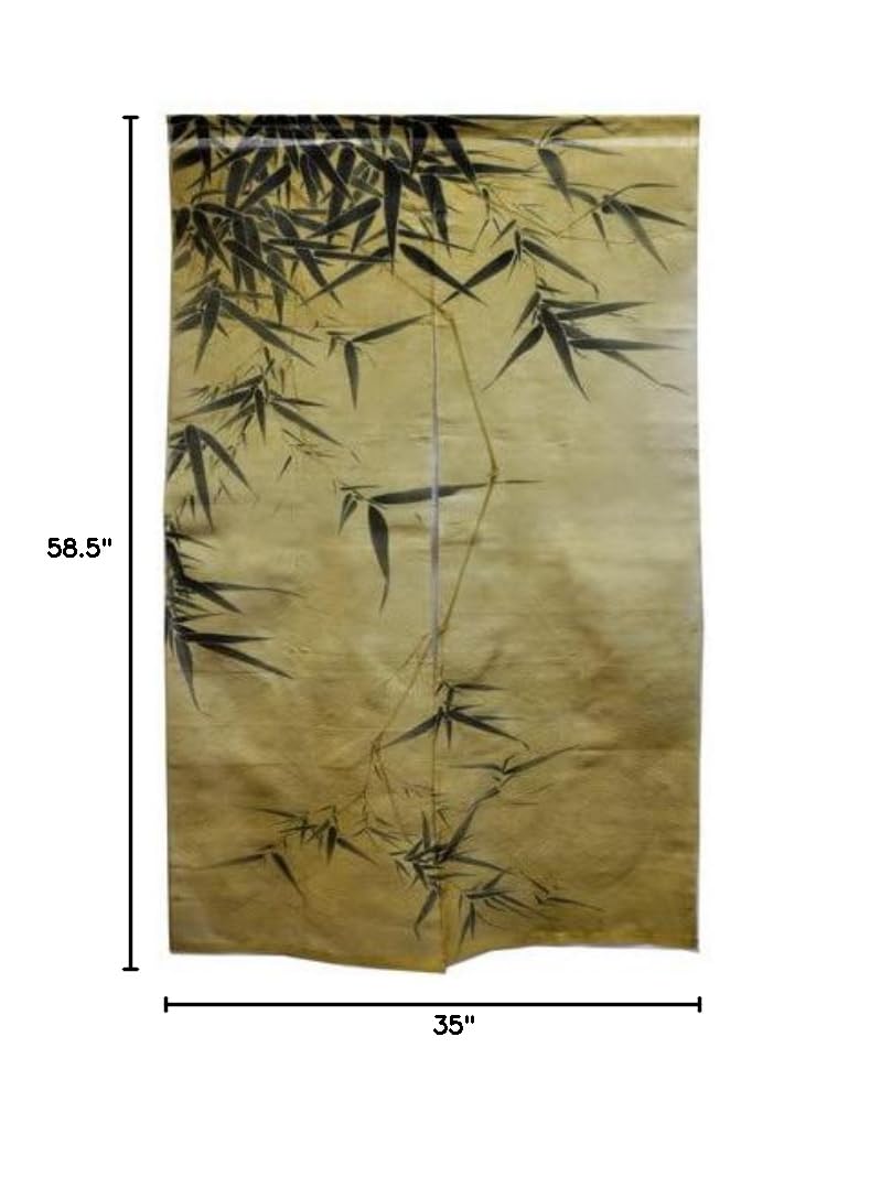 Eco-Friendly Bamboo Leaves Tan Linen Noren Curtain - Japanese Style Room Divider for Home, Bedroom & Entryway Decor