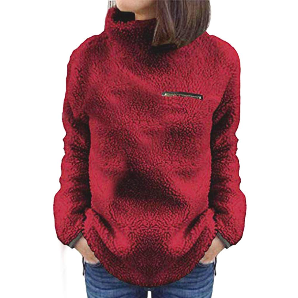 Women's Fleece Turtleneck Pullover Sweatshirt with Zippers - Solid Wine Color XXL - Cozy Winter Top for Casual Wear & Outdoor Activities