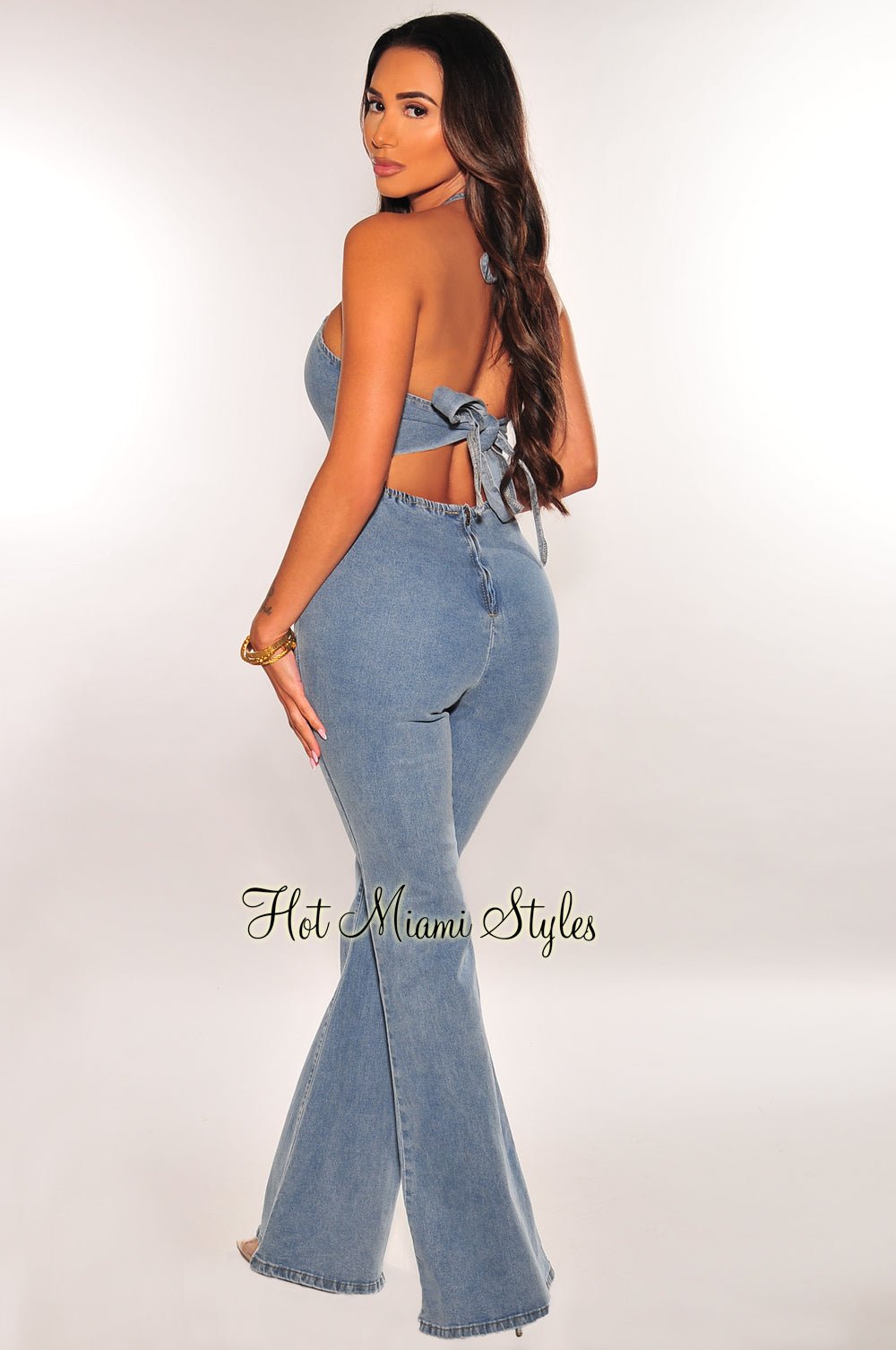 Women's Denim Halter Keyhole Bell Bottom Jumpsuit - 70s Vintage Style Wide Leg Romper for Casual Outings & Music Festivals