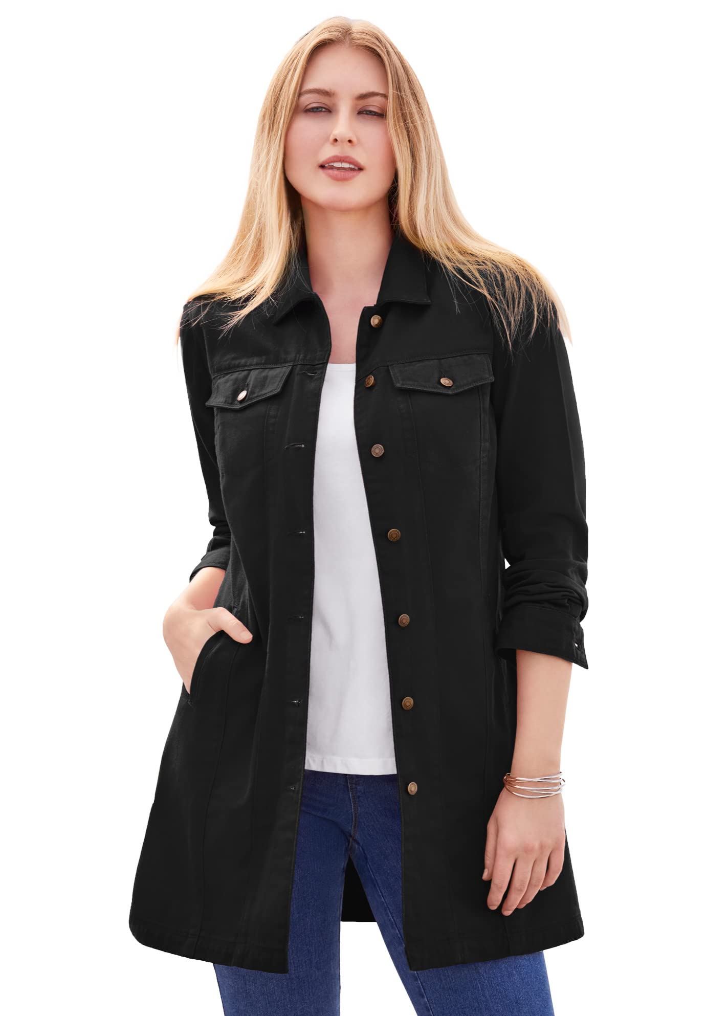 Jessica London Women's Plus Size Long Denim Jacket - Oversized Distressed Jean Coat for Casual Outfits & Layering in Fall/Winter