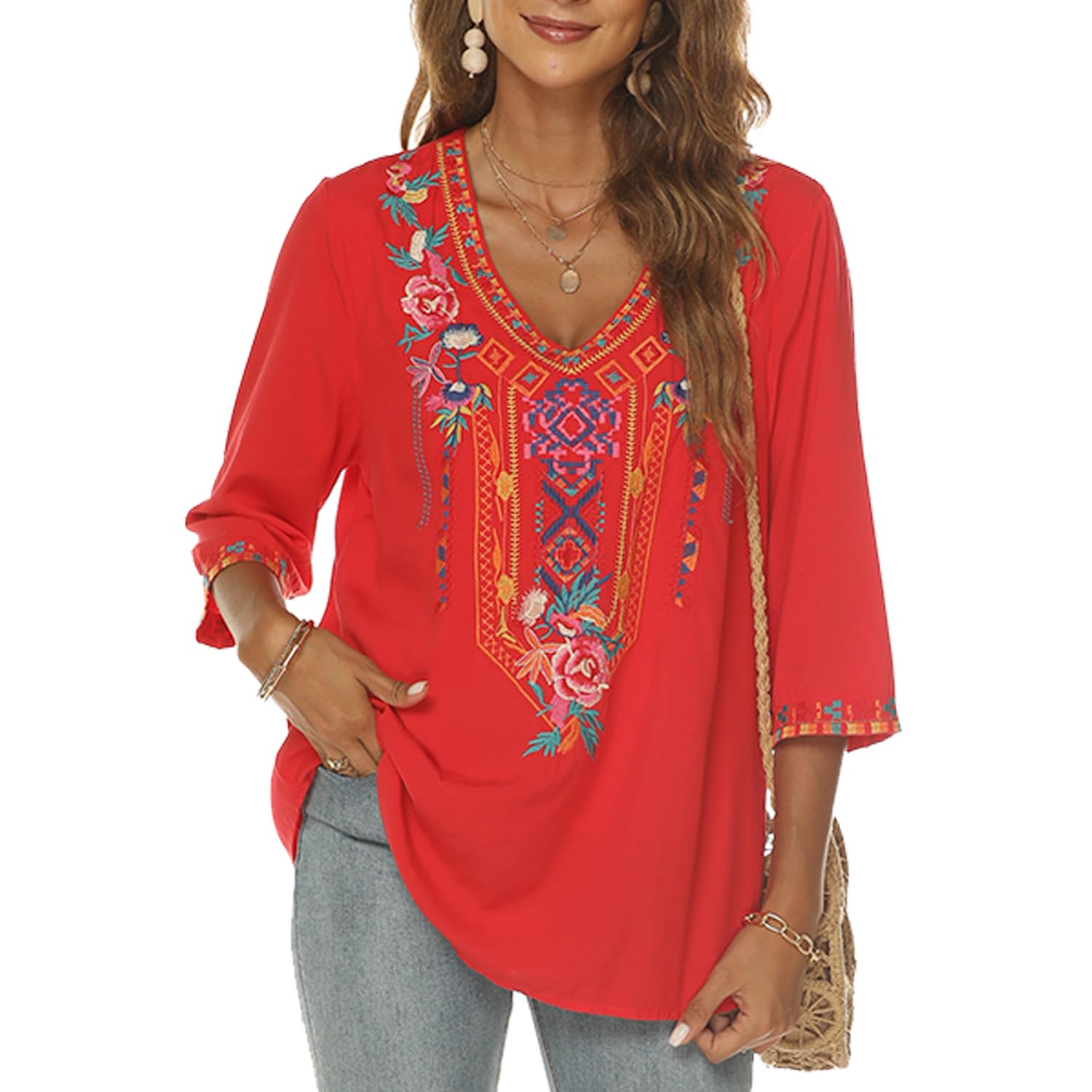 Higustar Women's Mexican Embroidered Bohemian Blouse - 3/4 Sleeve Peasant Top, Boho Tunic Shirt, Hippie Style Fiesta Clothing for Casual Wear, Music Festivals & Beach Vacations